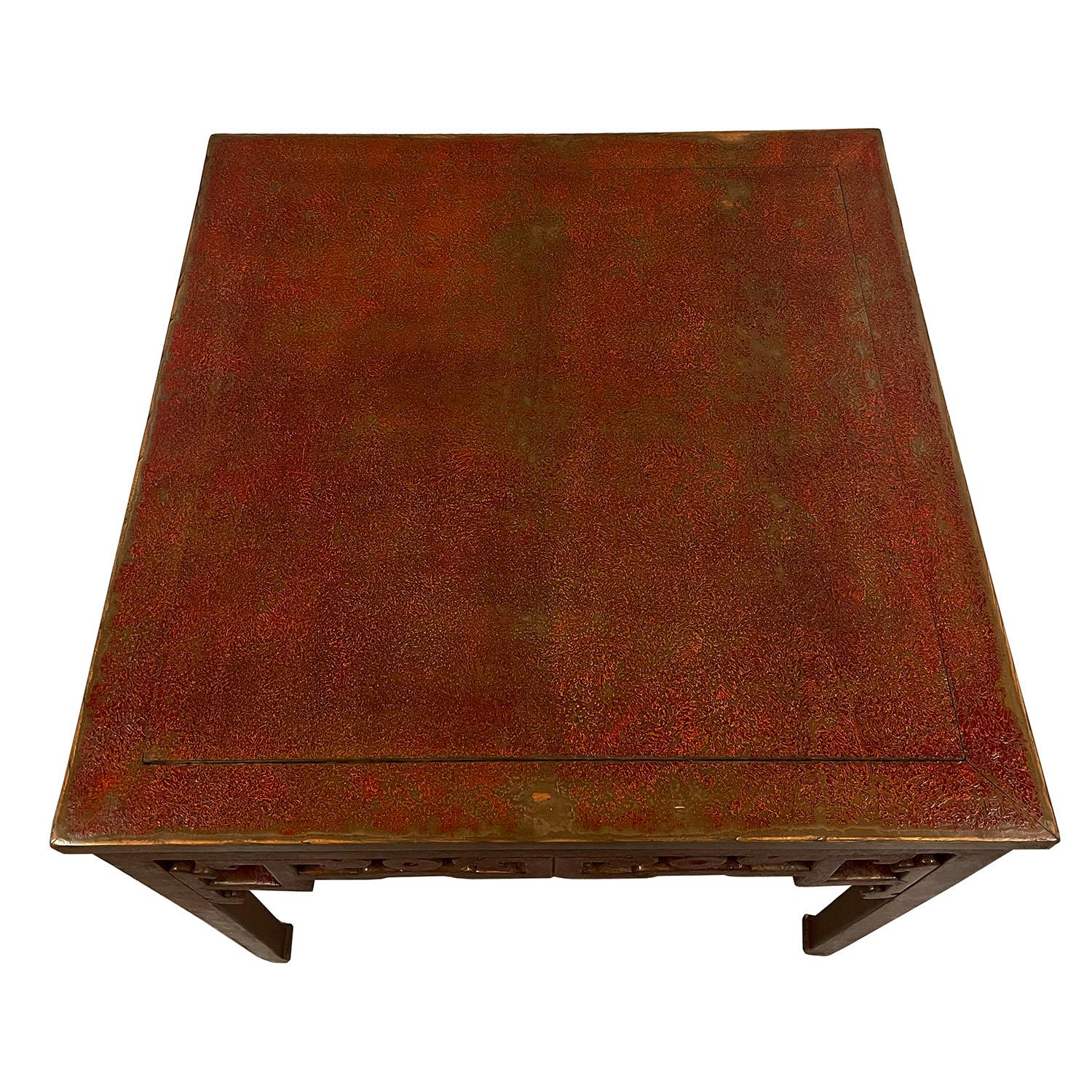 Elm Mid-20th Century Chinese Red Lacquered Square Dining Table, 