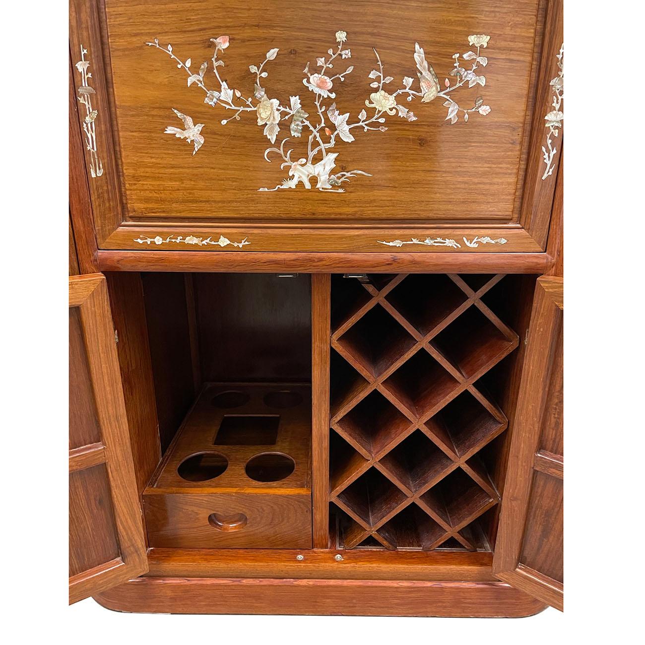 Chinese Export Mid-20th Century Chinese Rosewood Mother of Pearl Inlay Expandable Wine Cabinet