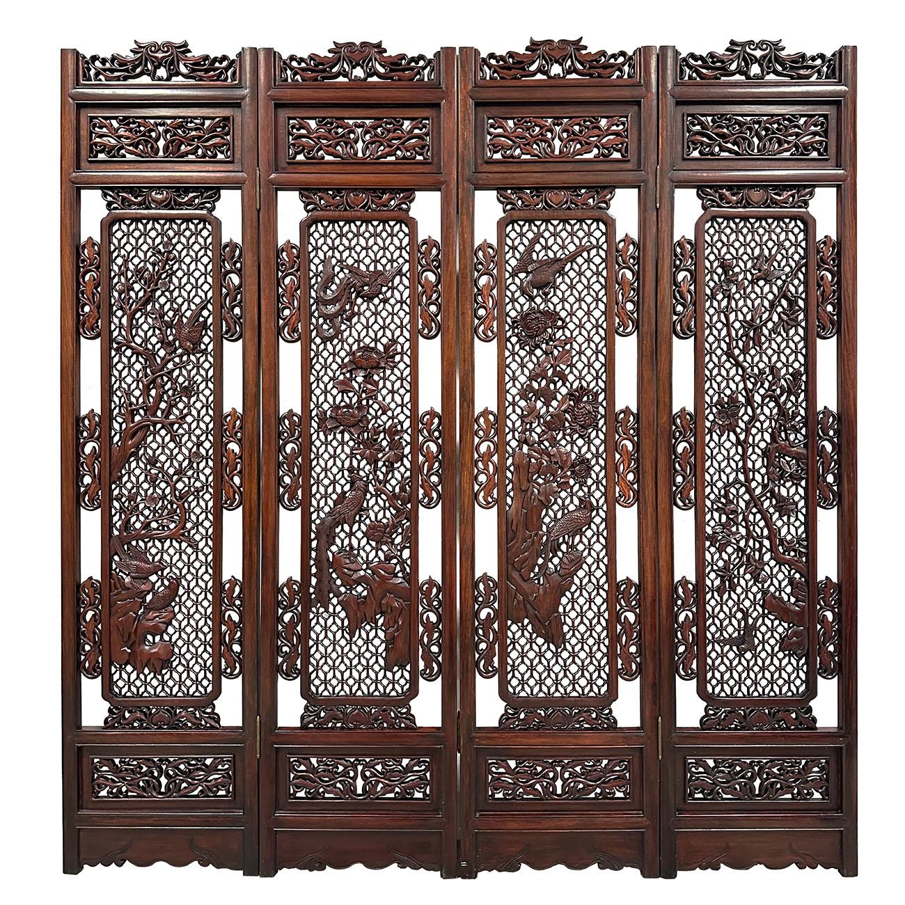 This is a set of 4 panels of Chinese antique open carved wooden screen which can be used as the room section panels in ancient China that are put together to make into a screen. Screens have been known to grace the rooms of wealthy Chinese homes