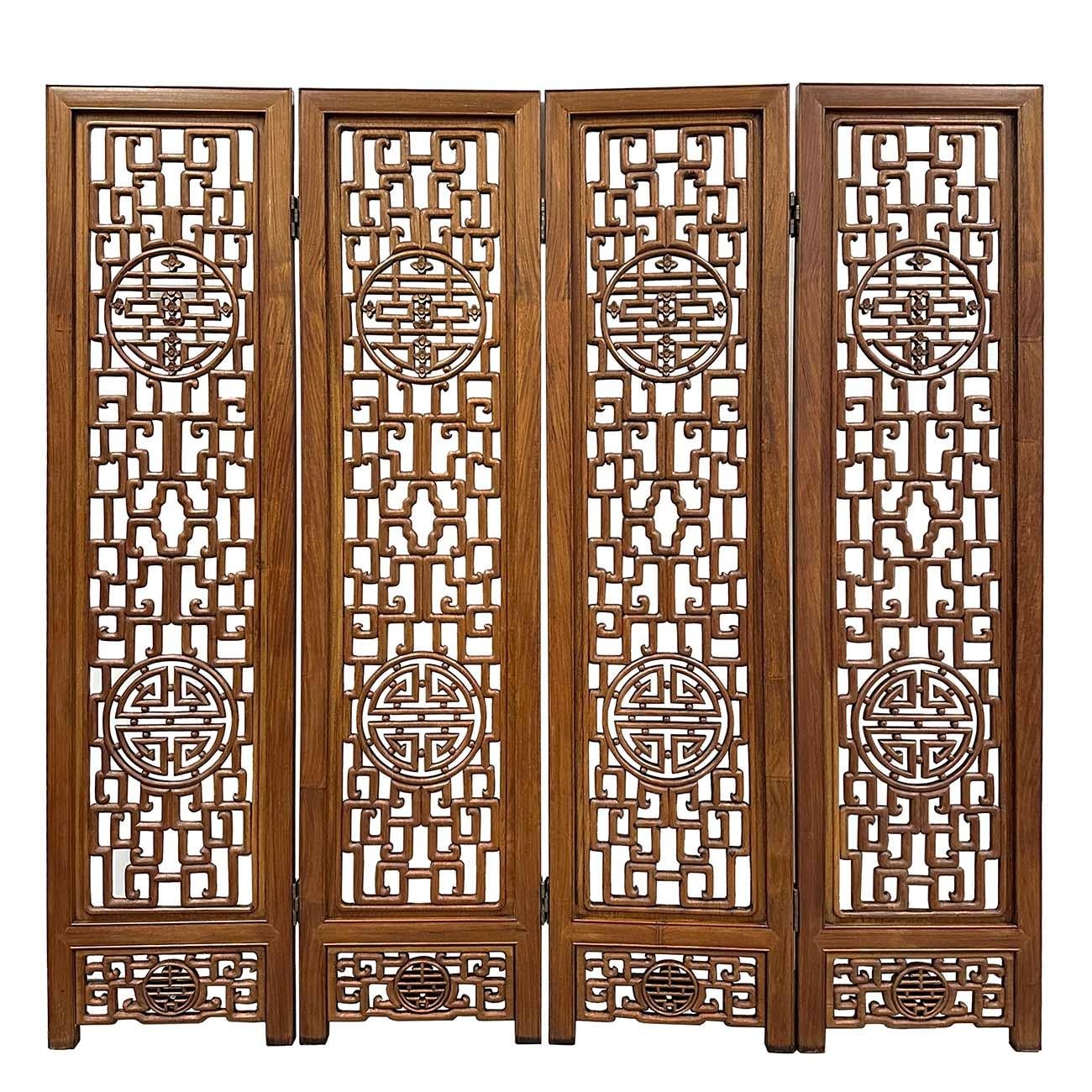 This is a set of 4 panels of Chinese antique double sides open carved wooden screen which can be used as the room section panels in ancient China that are put together to make into a screen. Screens have been known to grace the rooms of wealthy