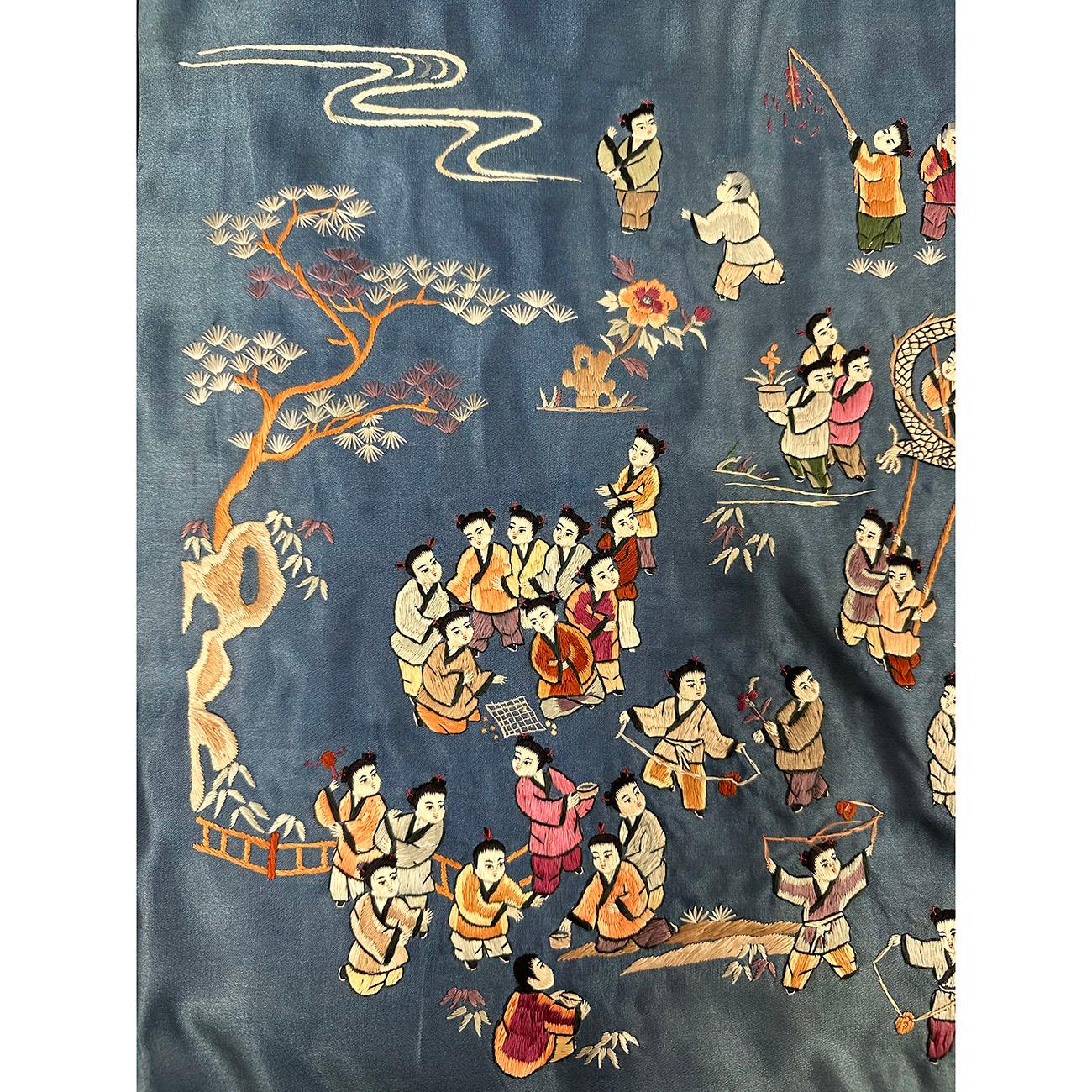 This silk embroidery of Baizi (Hundreds of Children) playing in Spring is hand stitched on the silk fabric. The allusion of Baizi first came from the 