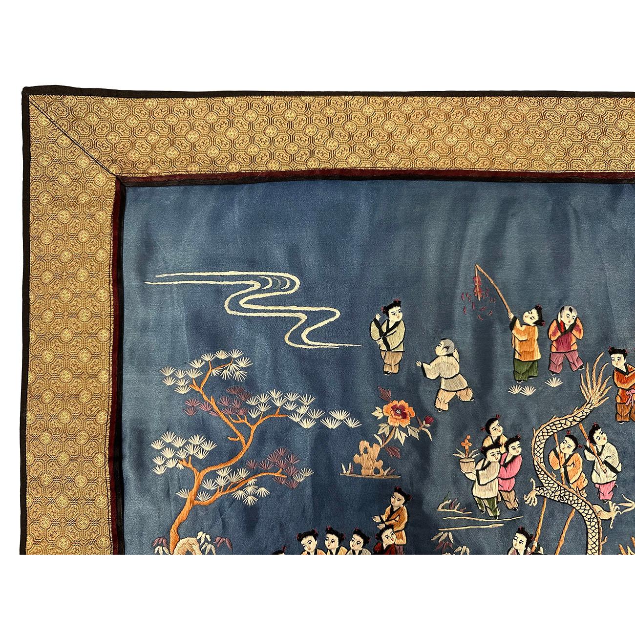 Chinese Export Mid-20th Century Chinese Silk Embroidery Baizi Playing in Spring For Sale