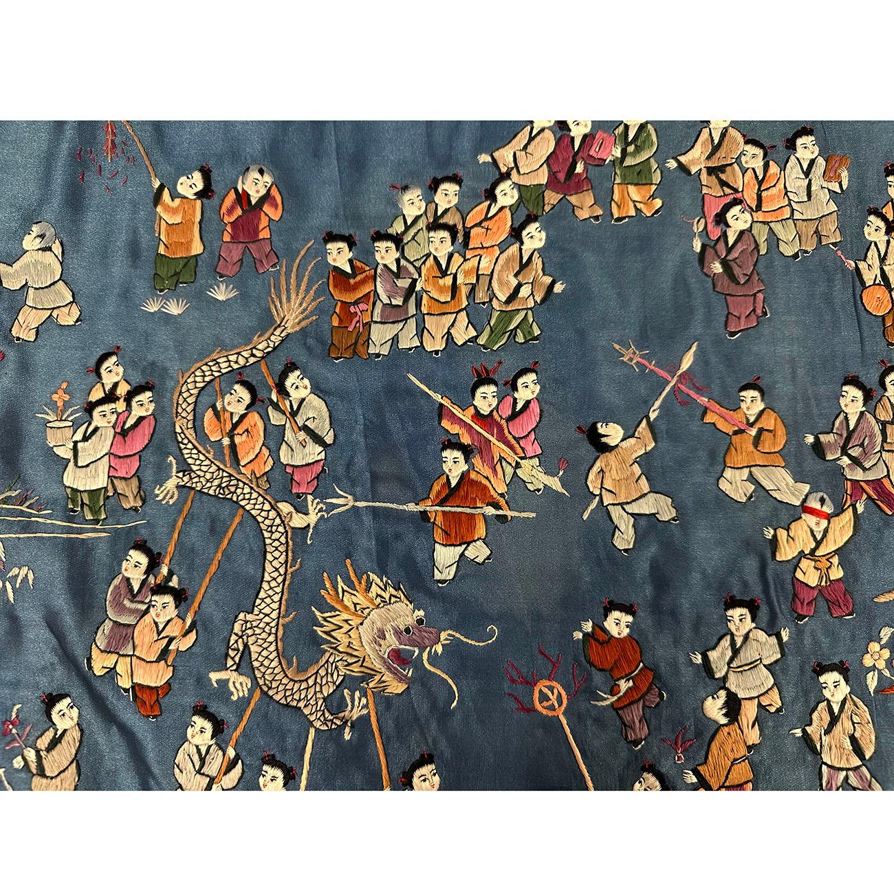 Mid-20th Century Chinese Silk Embroidery Baizi Playing in Spring For Sale 1