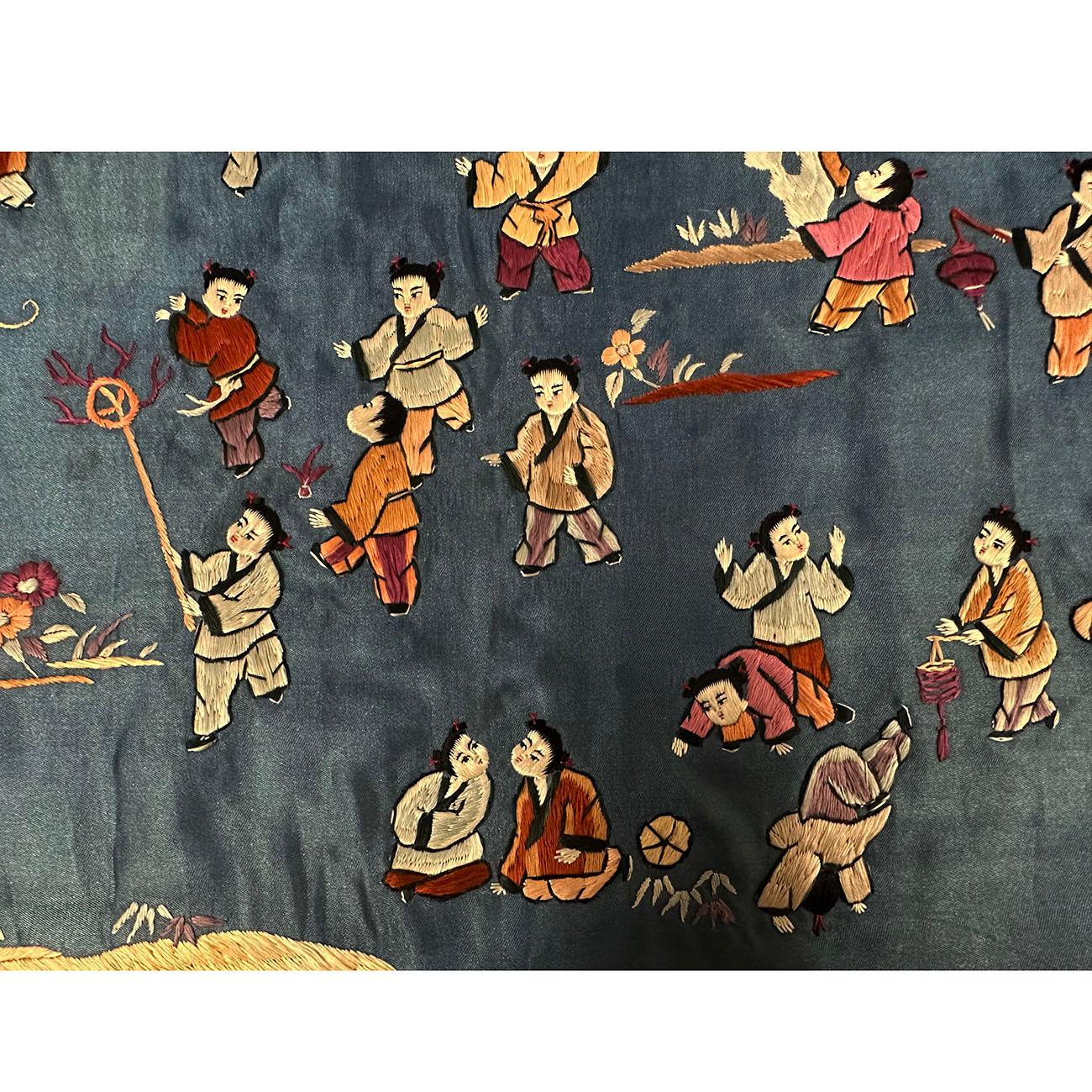 Mid-20th Century Chinese Silk Embroidery Baizi Playing in Spring For Sale 2