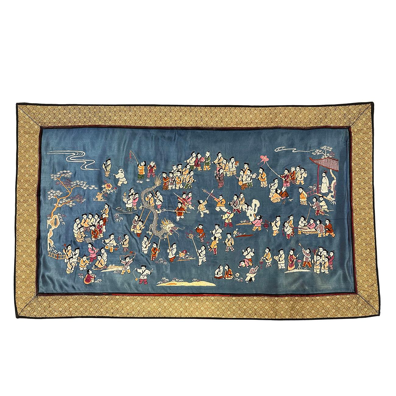 Mid-20th Century Chinese Silk Embroidery Baizi Playing in Spring For Sale