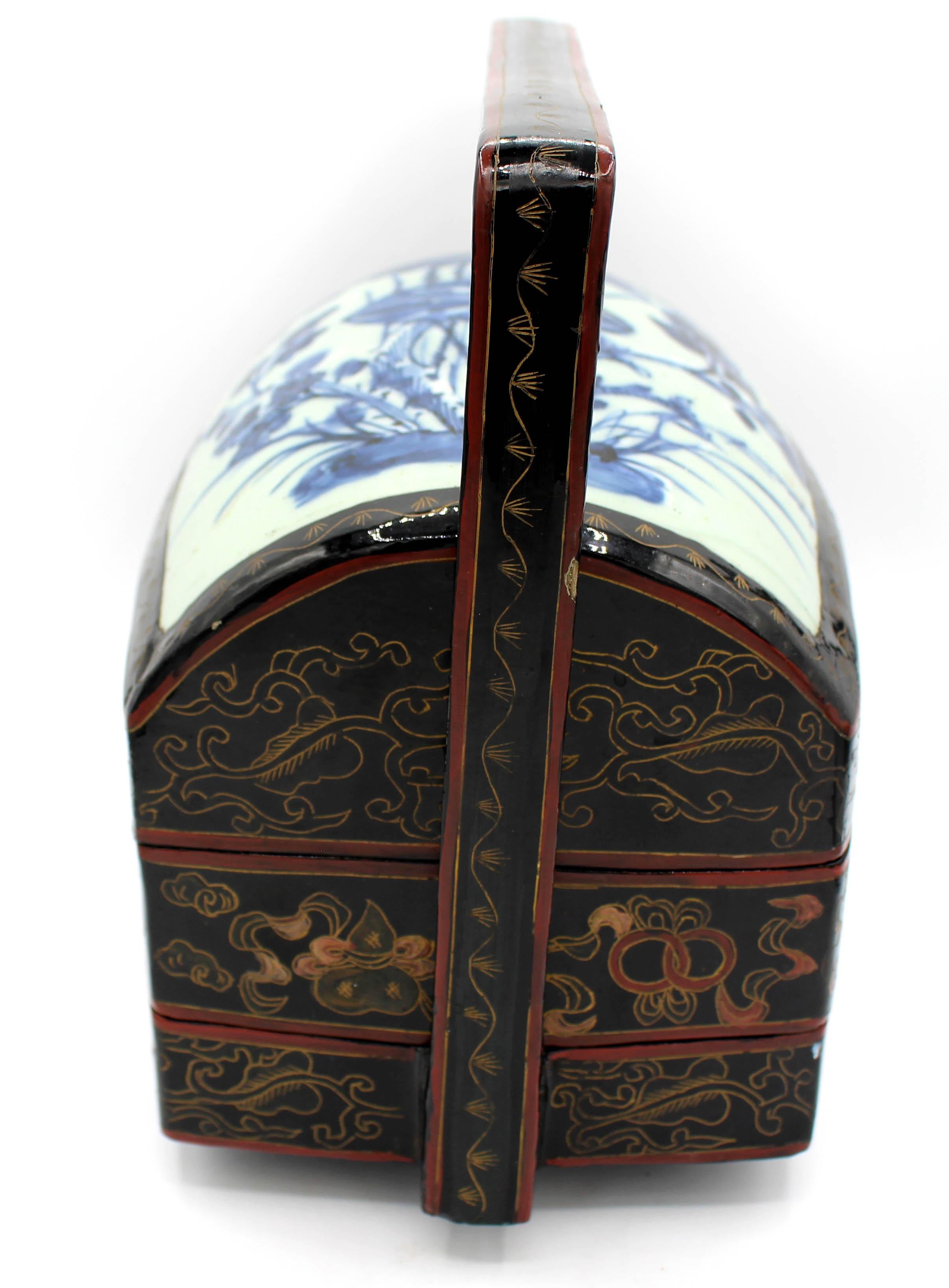 Mid-20th century wedding box, Chinese. Lacquer with vase shard, the shard of the late Qing period. Minor nicks commensurate with age & use. 10 3/4
