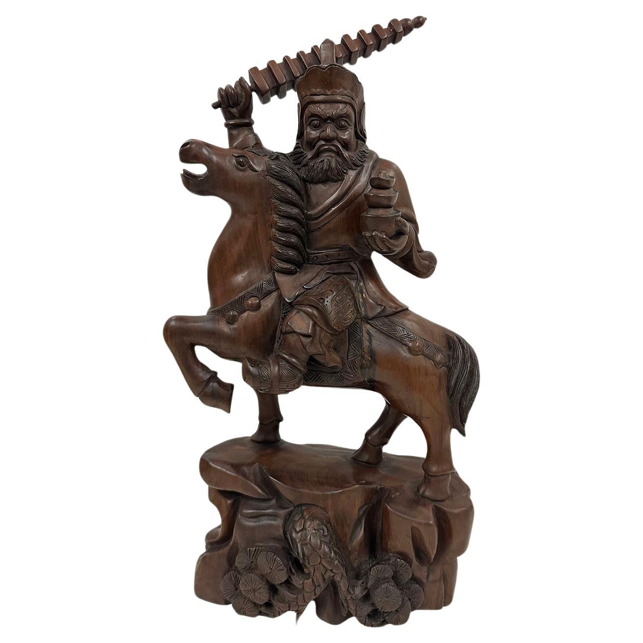 Mid-20th Century Chinese Wood Carved God of Martial Wealth Status