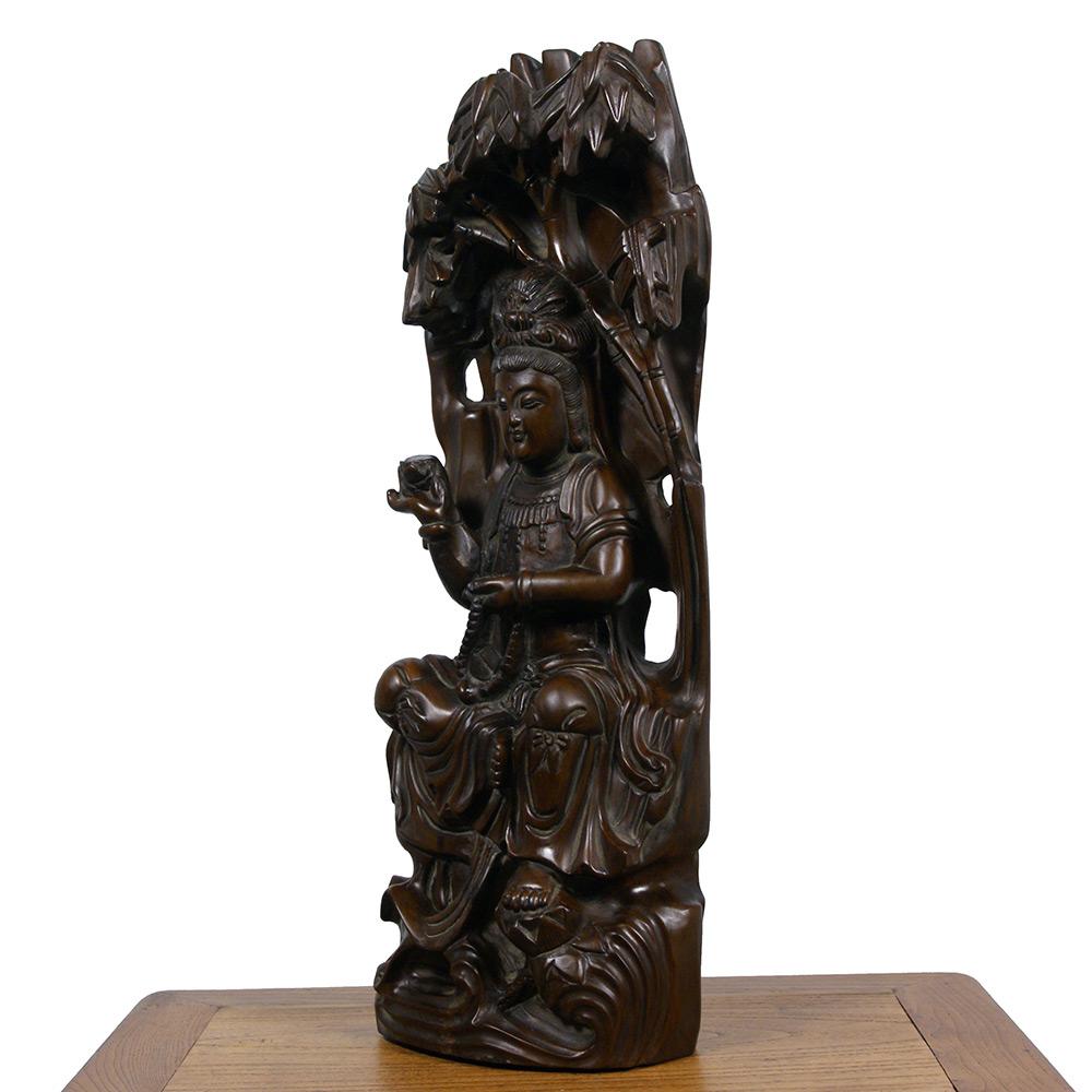 Mid 20th Century Chinese Wood Carved Kwan Yin Statuary In Good Condition For Sale In Pomona, CA
