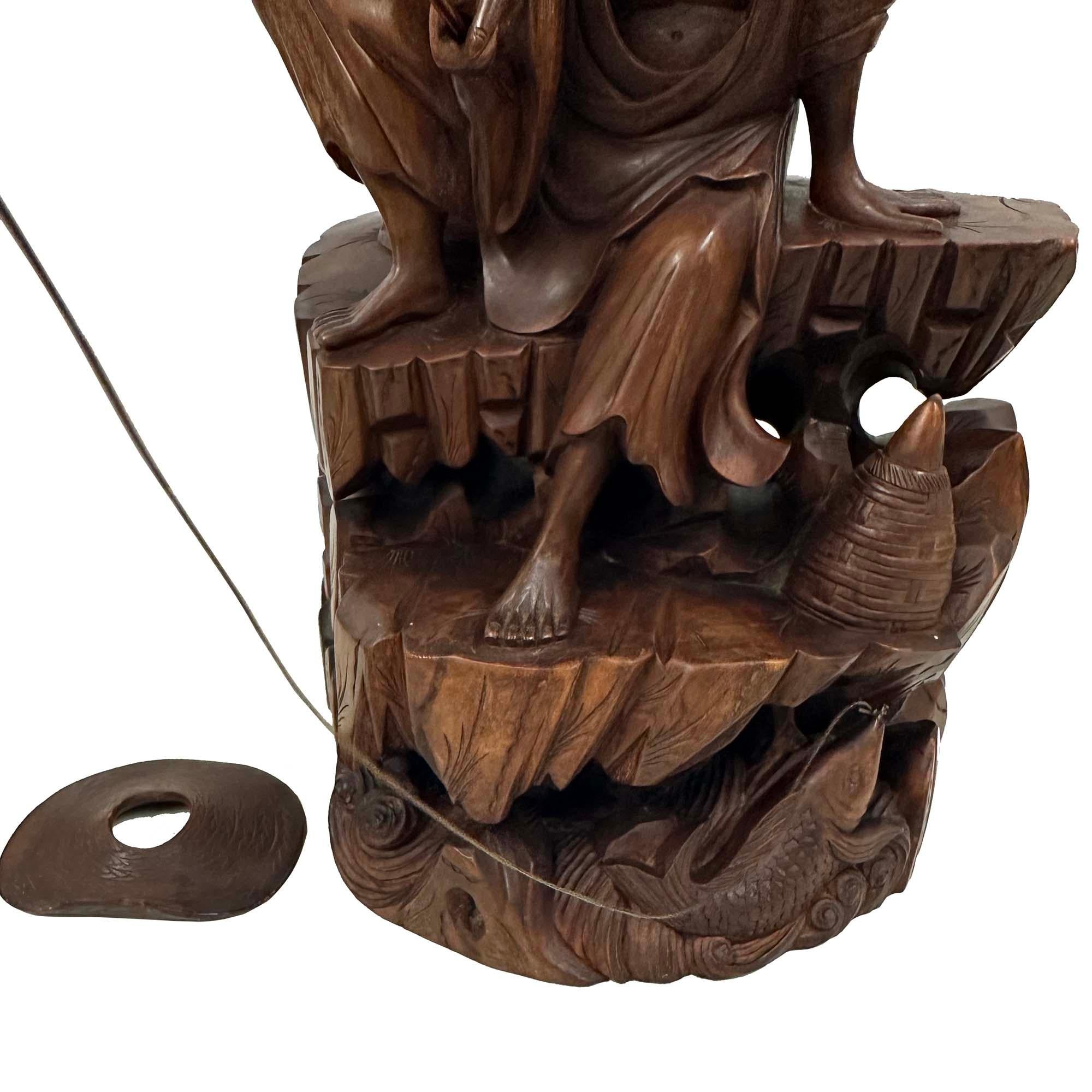 Mid-20th Century Chinese Wooden Carved Jiang Taigong Fishing Statue For Sale 4
