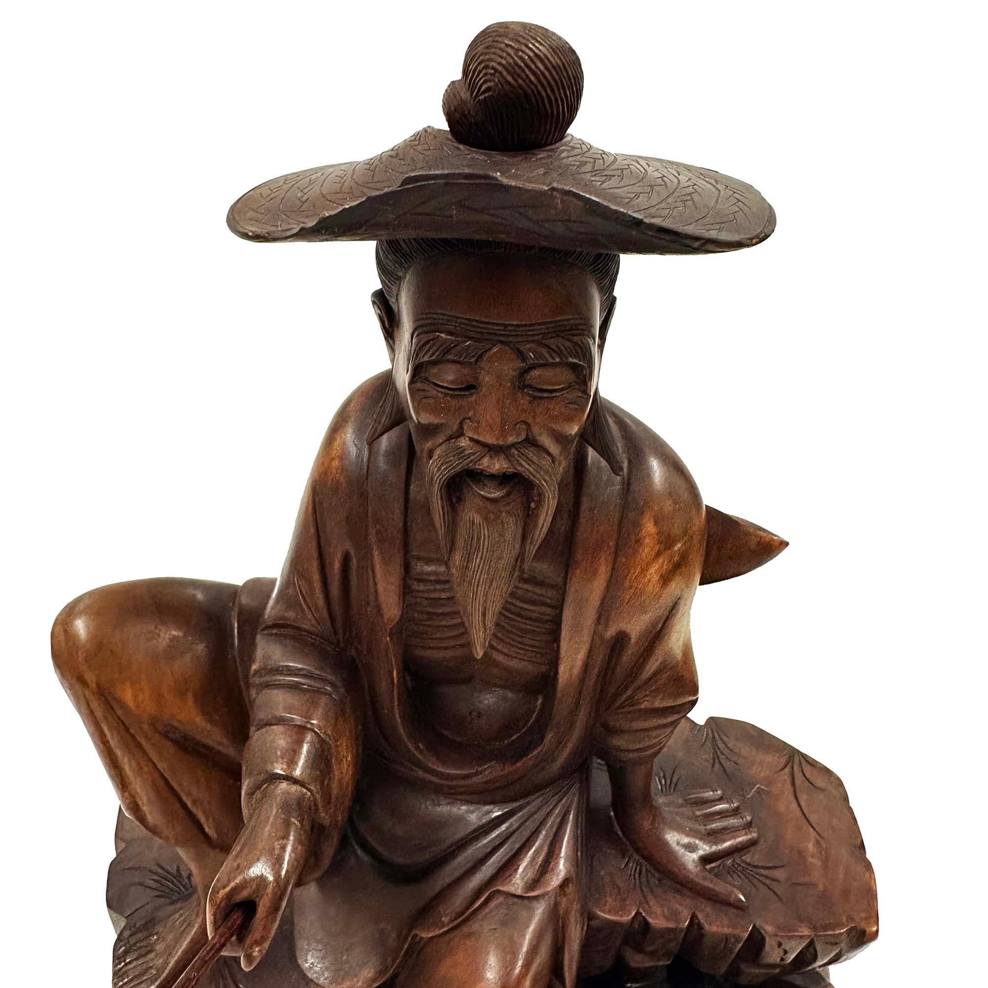 Mid-20th Century Chinese Wooden Carved Jiang Taigong Fishing Statue For Sale 6