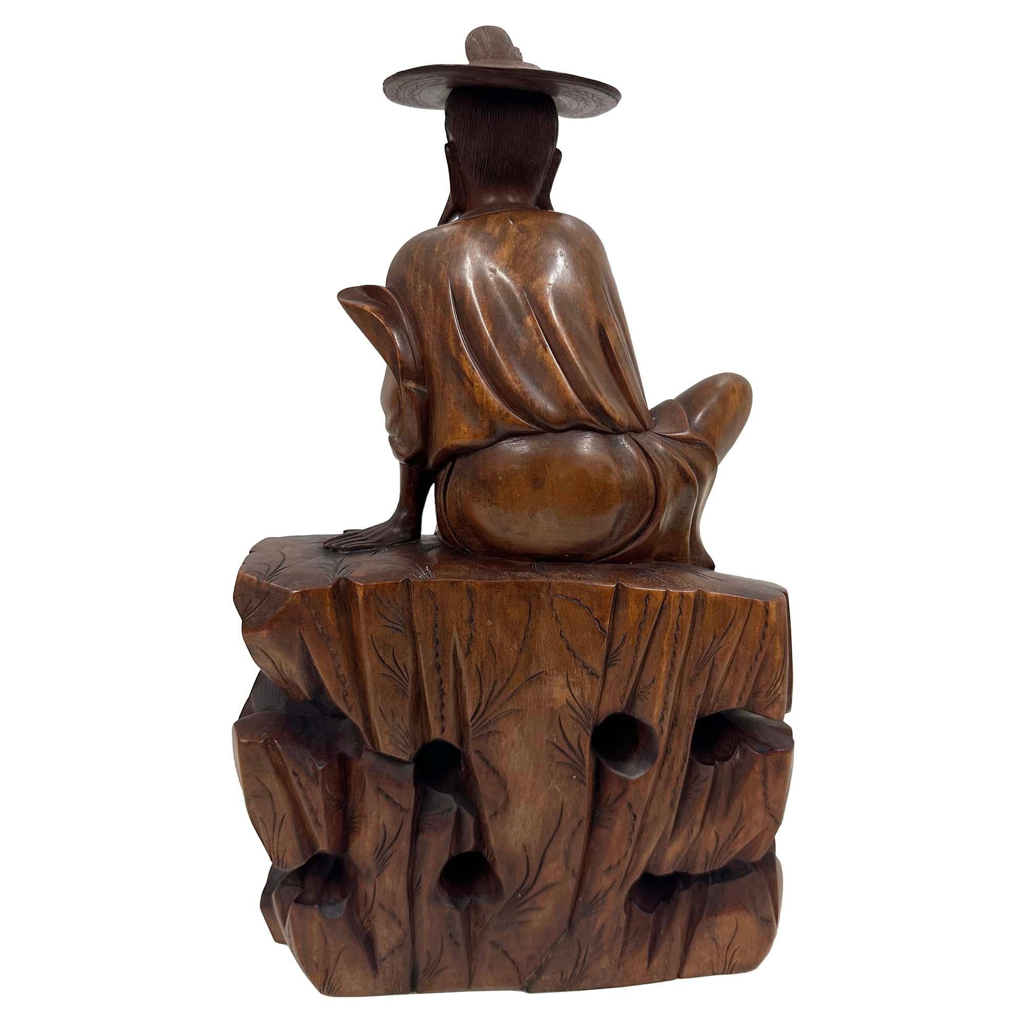 Mid-20th Century Chinese Wooden Carved Jiang Taigong Fishing Statue For Sale 7