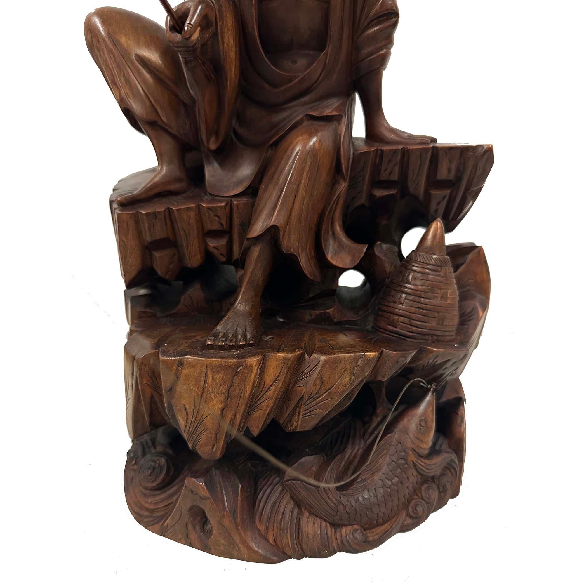 Chinese Export Mid-20th Century Chinese Wooden Carved Jiang Taigong Fishing Statue For Sale