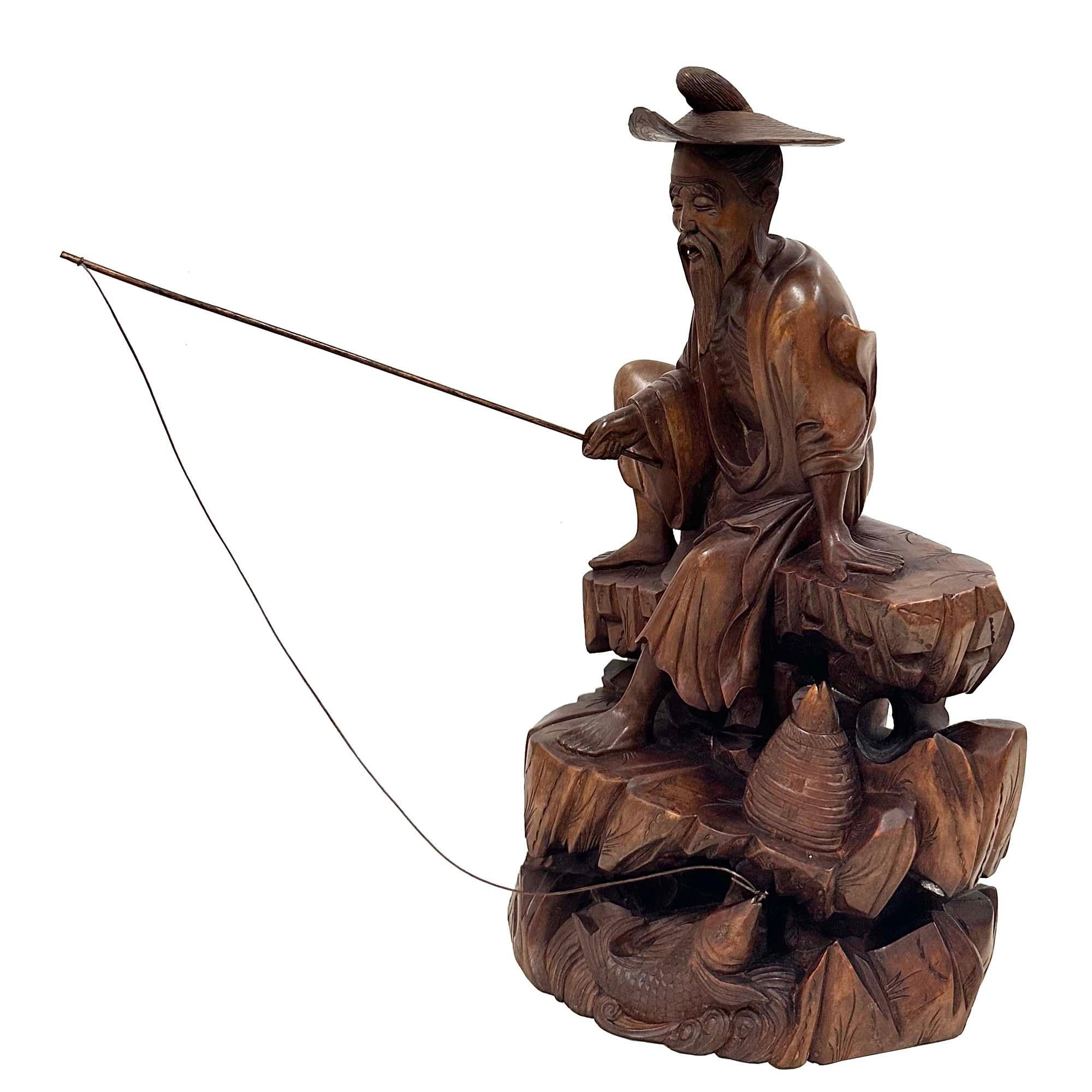 Hand-Crafted Mid-20th Century Chinese Wooden Carved Jiang Taigong Fishing Statue For Sale