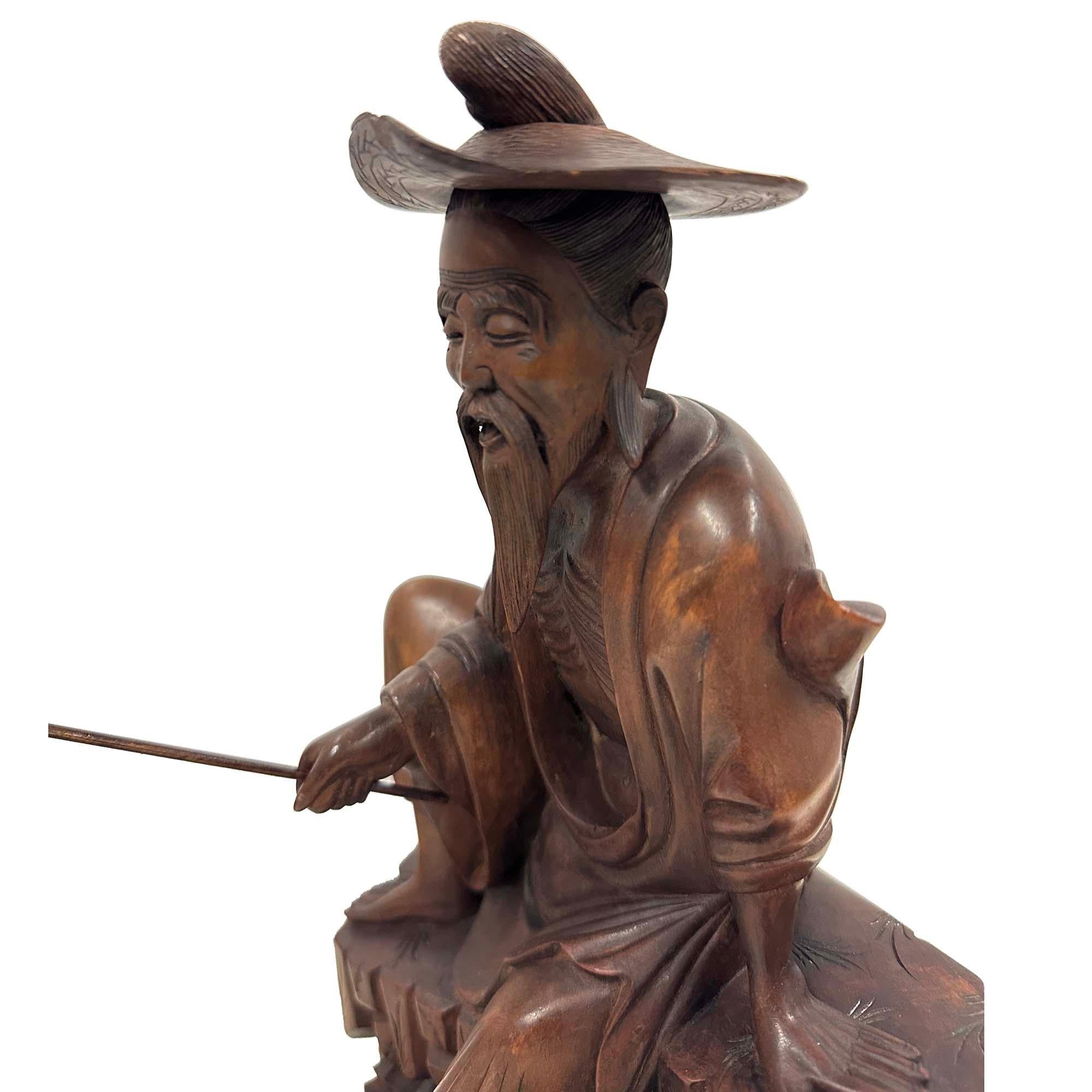 Mid-20th Century Chinese Wooden Carved Jiang Taigong Fishing Statue In Good Condition For Sale In Pomona, CA