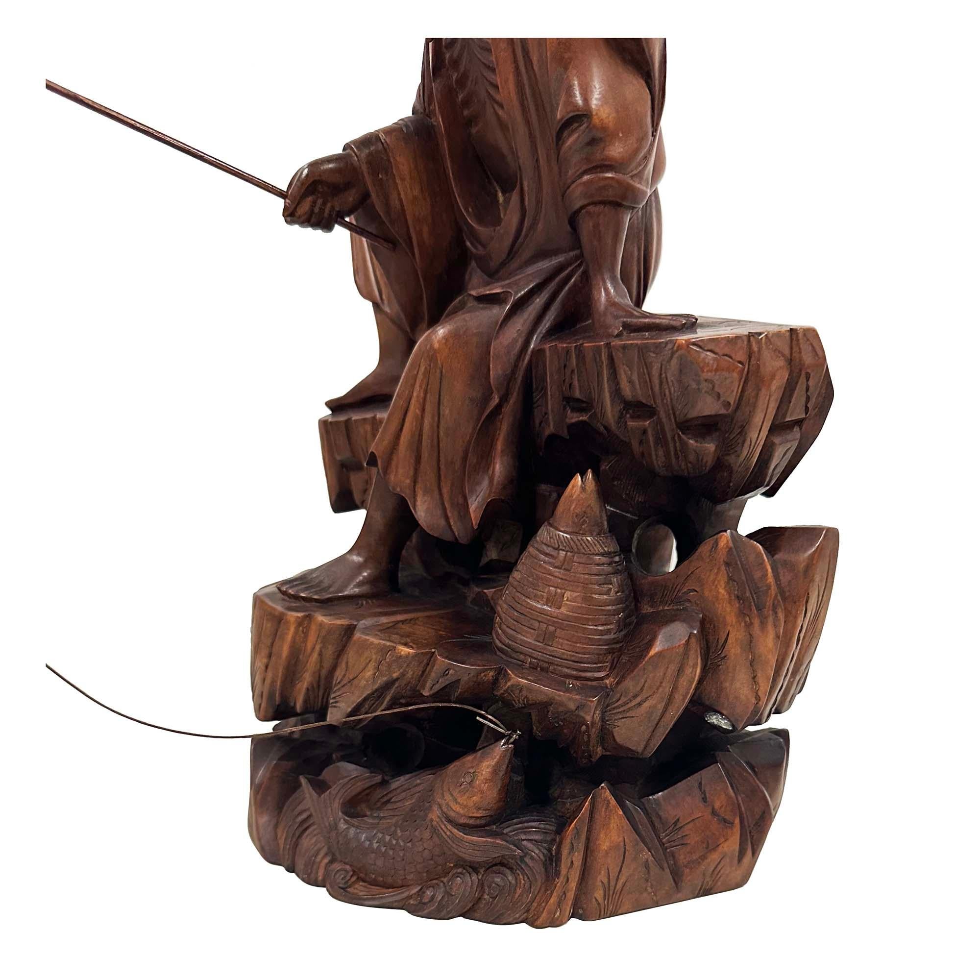 Boxwood Mid-20th Century Chinese Wooden Carved Jiang Taigong Fishing Statue For Sale