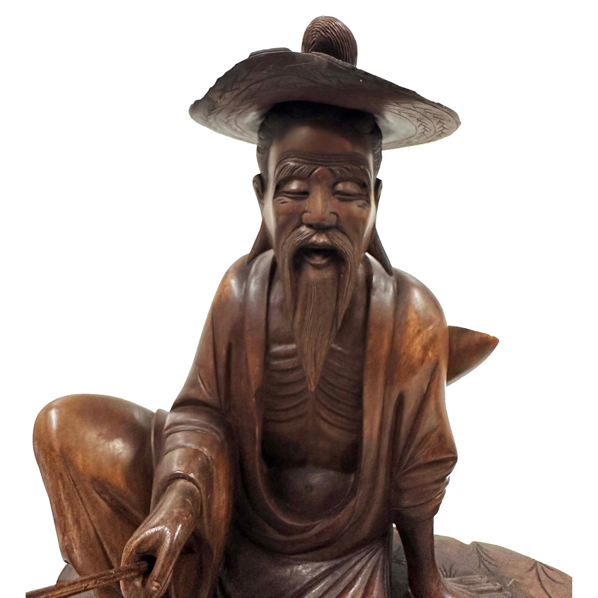 Mid-20th Century Chinese Wooden Carved Jiang Taigong Fishing Statue For Sale 1