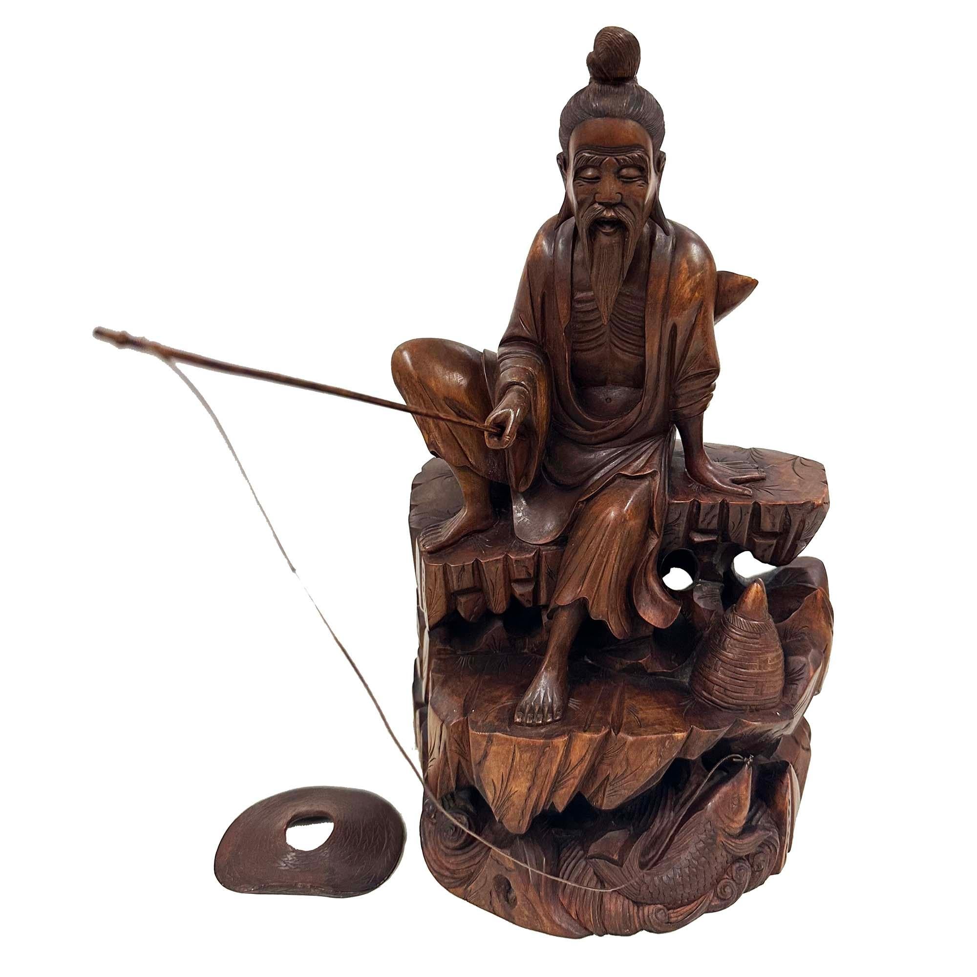 Mid-20th Century Chinese Wooden Carved Jiang Taigong Fishing Statue For Sale 2
