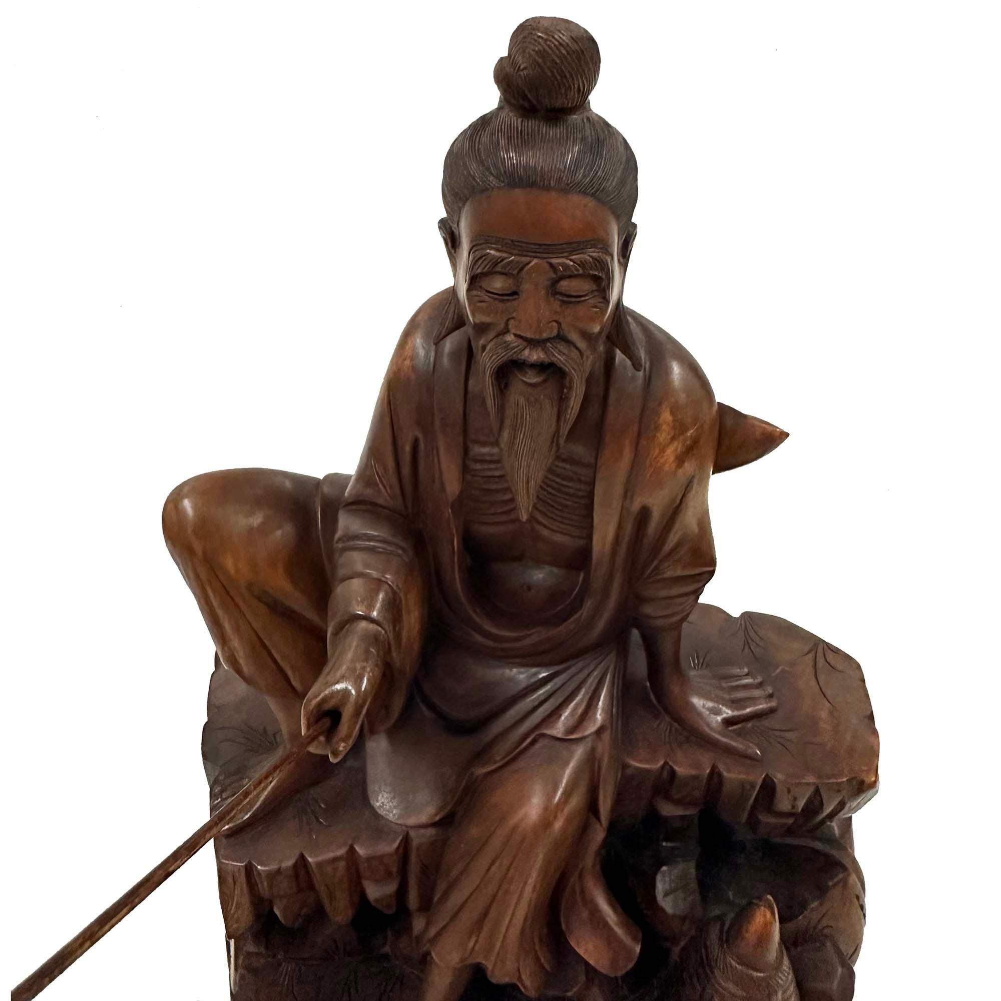 Mid-20th Century Chinese Wooden Carved Jiang Taigong Fishing Statue For Sale 3