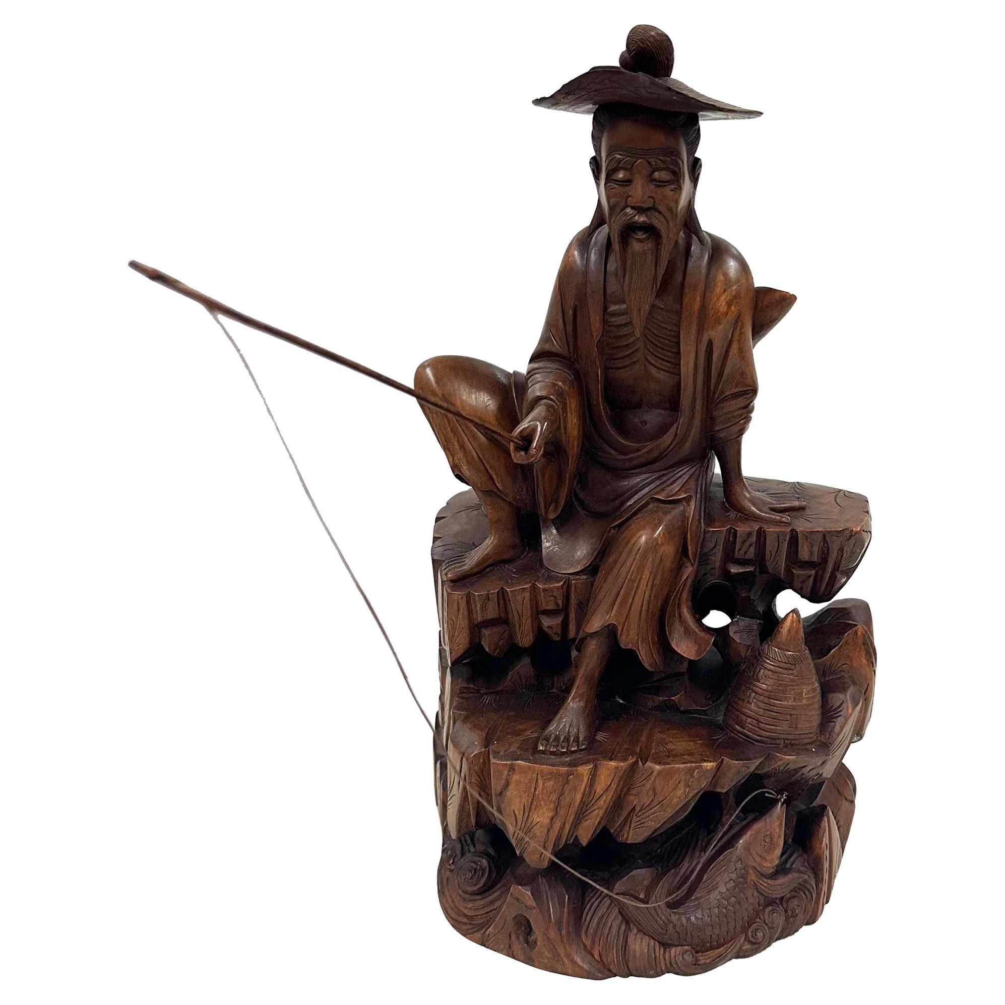 Mid-20th Century Chinese Wooden Carved Jiang Taigong Fishing Statue For Sale