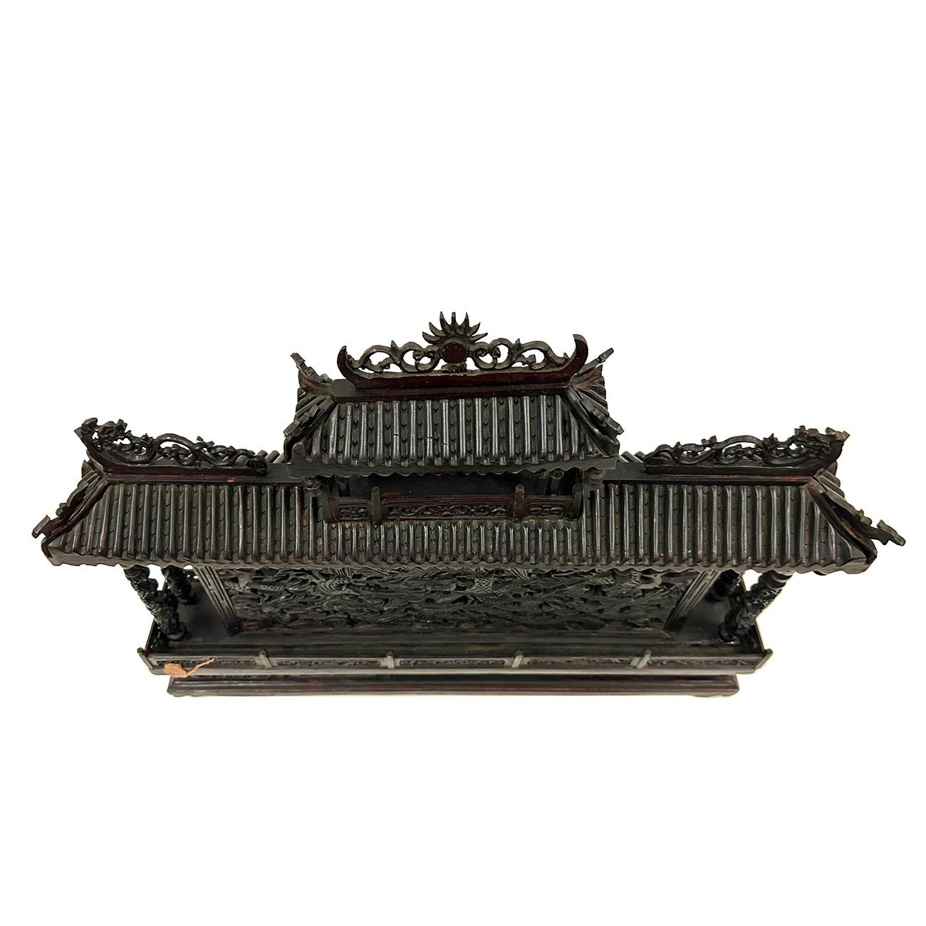 Mid 20th Century Chinese Wooden Carved Pagoda/Nine Dragons Wall For Sale 5