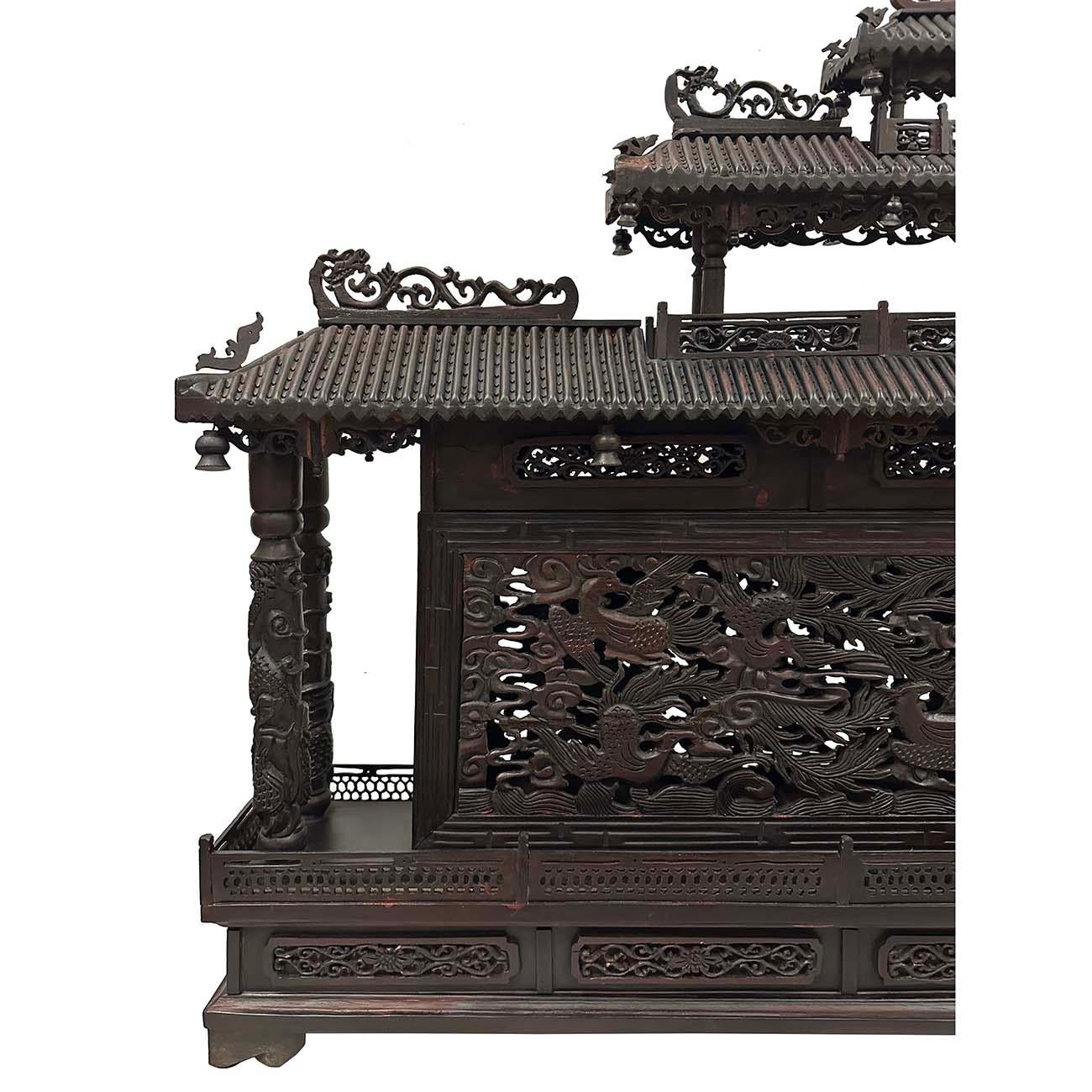 Mid 20th Century Chinese Wooden Carved Pagoda/Nine Dragons Wall For Sale 4