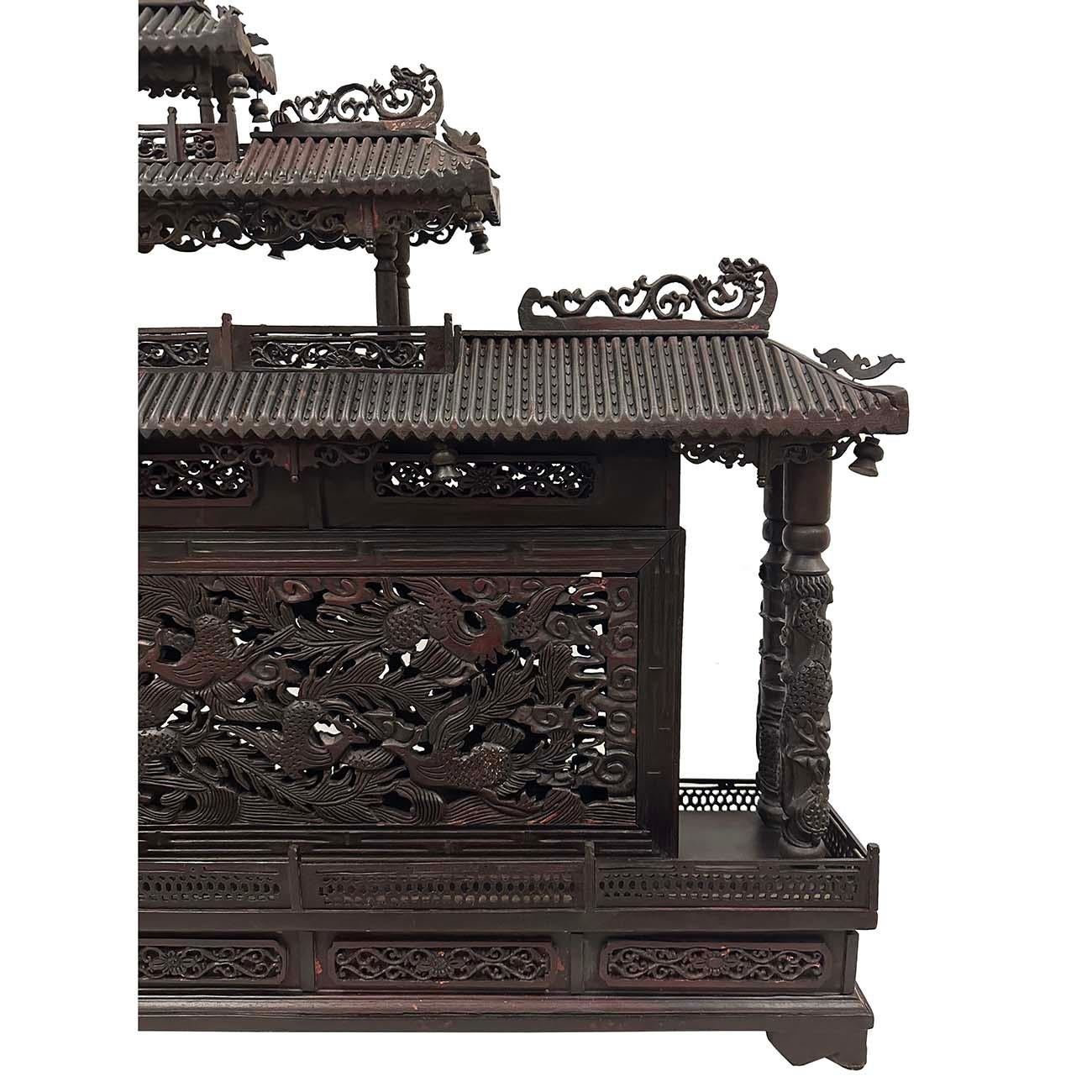 Mid 20th Century Chinese Wooden Carved Pagoda/Nine Dragons Wall For Sale 6