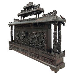 Mid 20th Century Chinese Wooden Carved Pagoda/Nine Dragons Wall