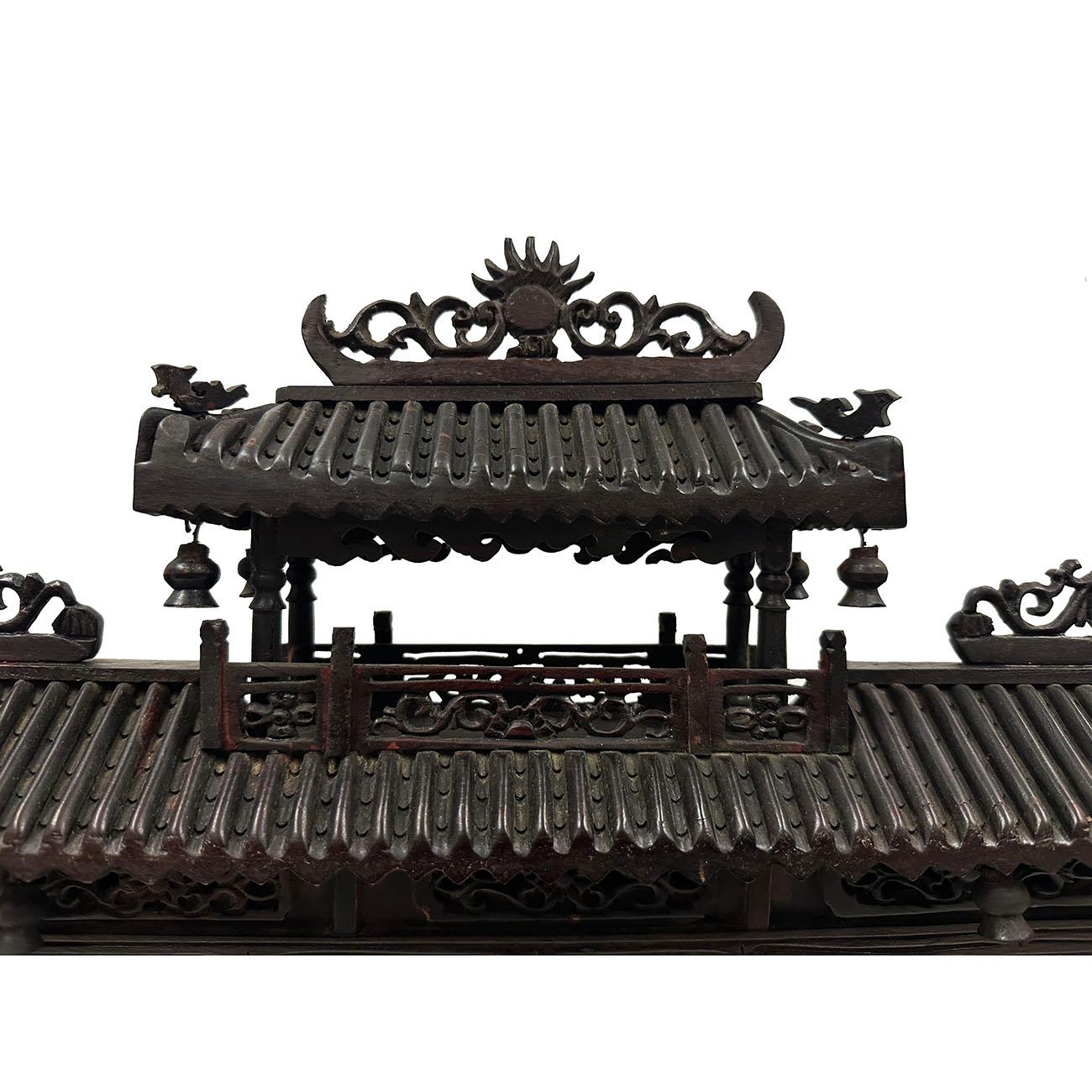 Chinese Export Mid 20th Century Chinese Wooden Carved Pagoda/Nine Dragons Wall For Sale