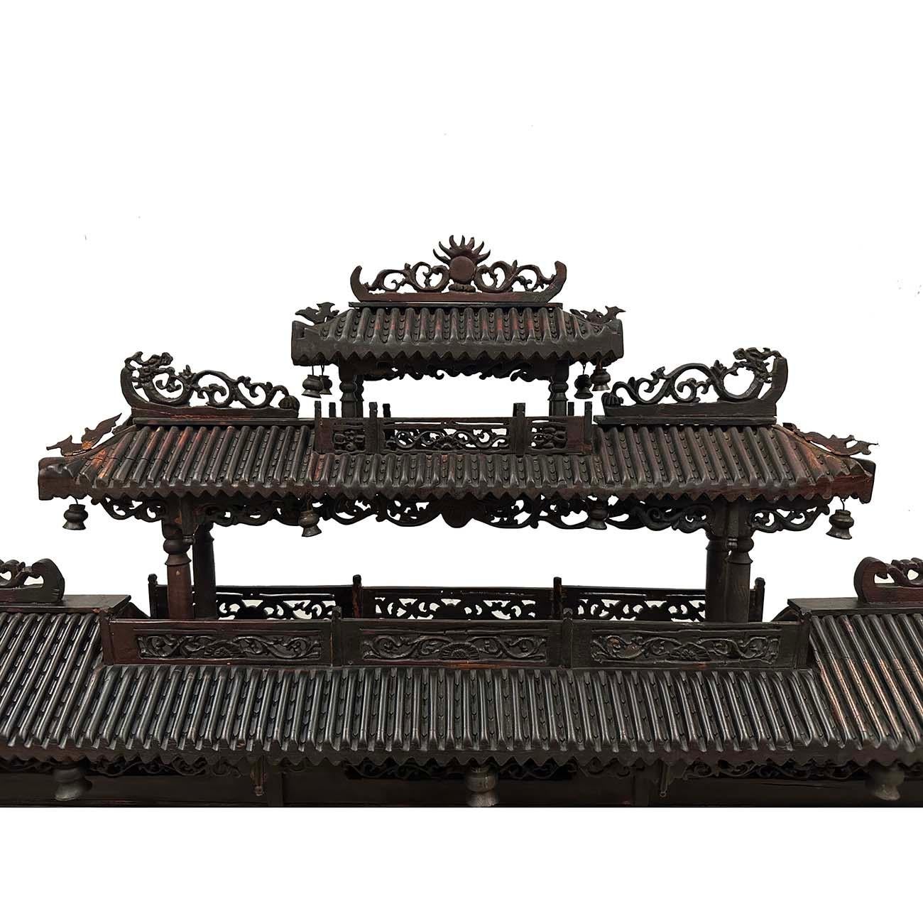 Chinese Export Mid 20th Century Chinese Wooden Carved Pagoda/Nine Dragons Wall For Sale