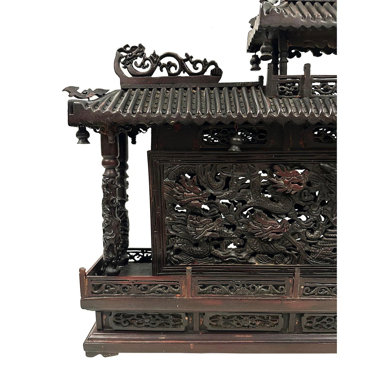 Hand-Carved Mid 20th Century Chinese Wooden Carved Pagoda/Nine Dragons Wall For Sale