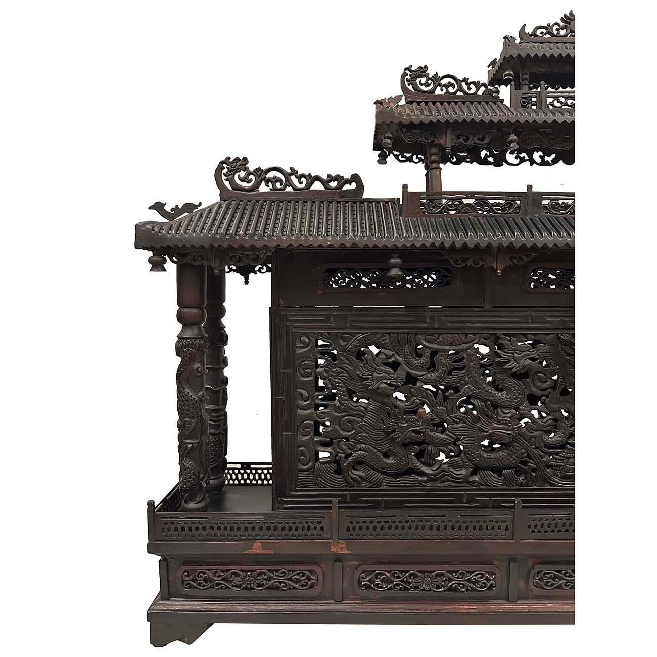 Hand-Carved Mid 20th Century Chinese Wooden Carved Pagoda/Nine Dragons Wall For Sale