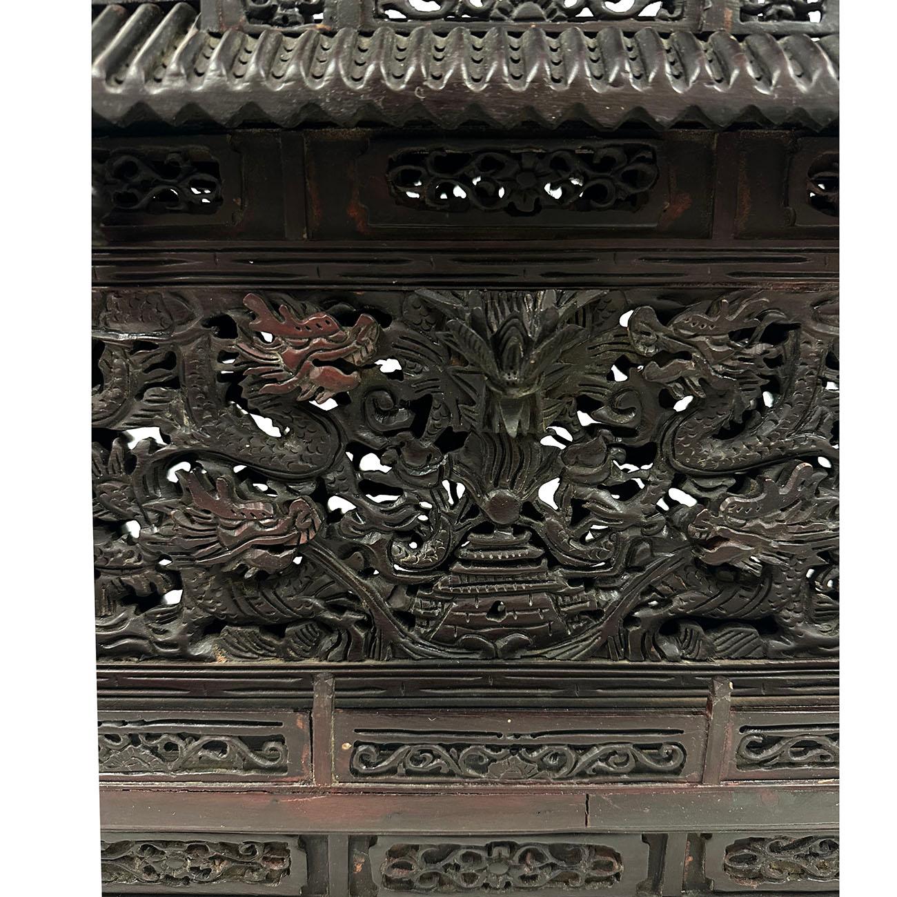 Mid 20th Century Chinese Wooden Carved Pagoda/Nine Dragons Wall In Good Condition For Sale In Pomona, CA