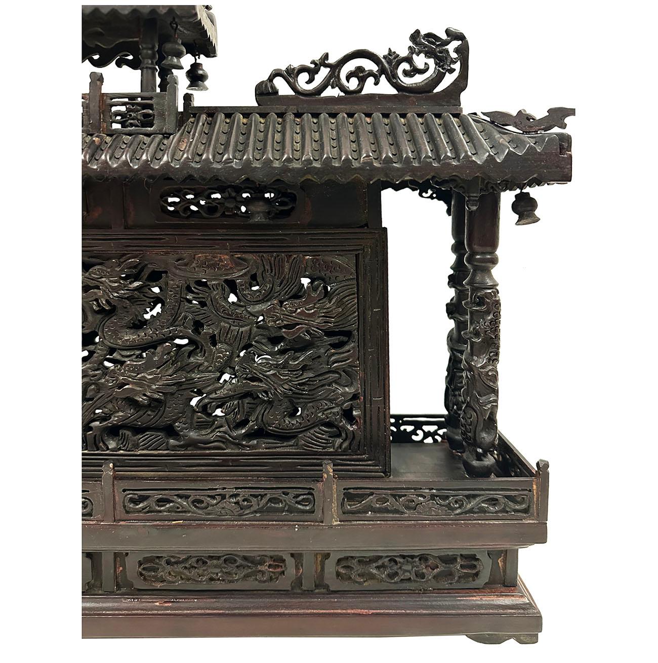 Mid 20th Century Chinese Wooden Carved Pagoda/Nine Dragons Wall For Sale 1