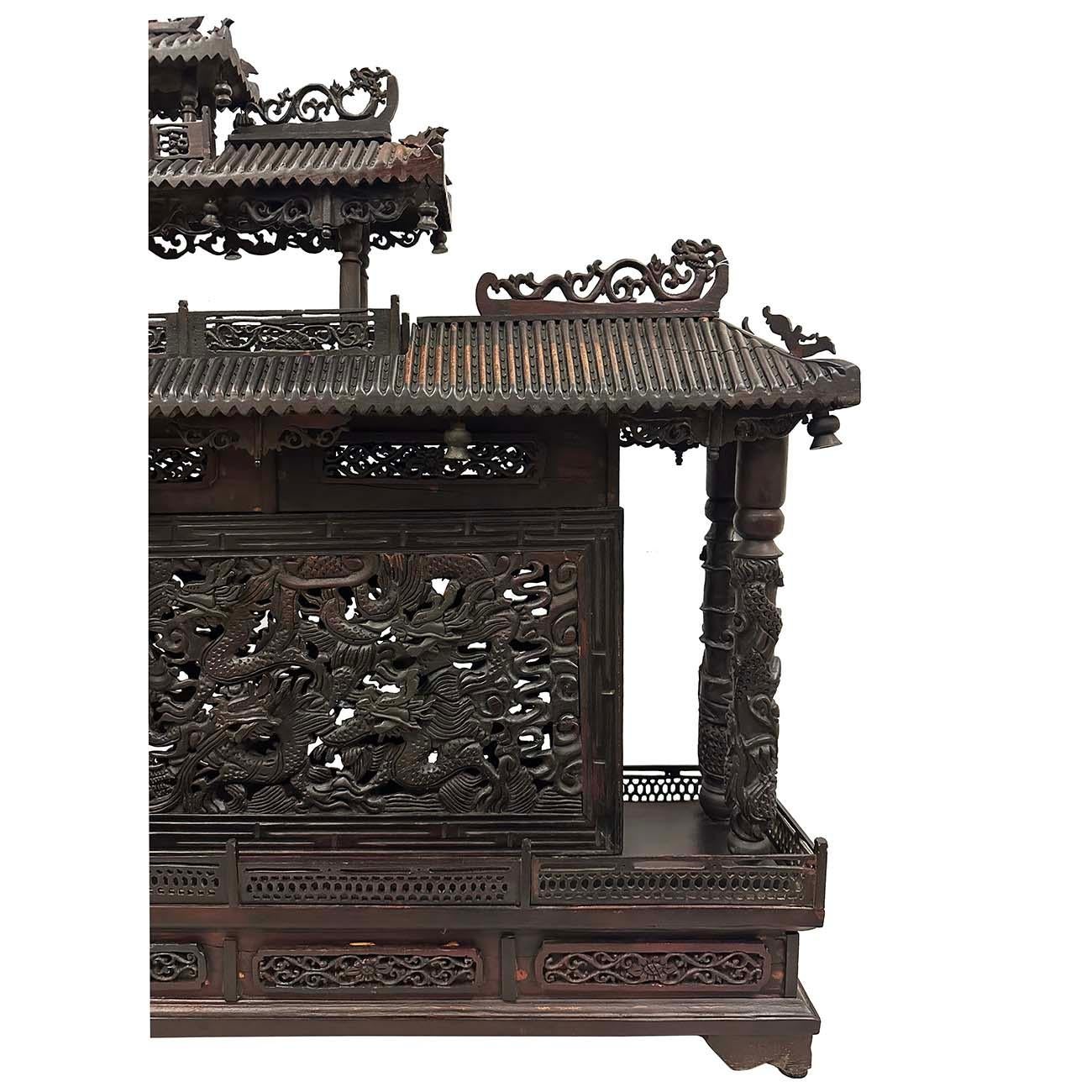 Hardwood Mid 20th Century Chinese Wooden Carved Pagoda/Nine Dragons Wall For Sale