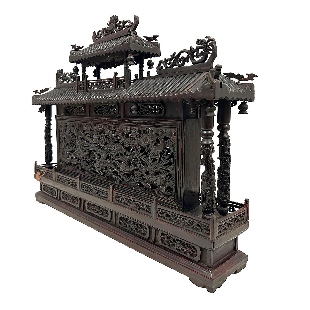 Mid 20th Century Chinese Wooden Carved Pagoda/Nine Dragons Wall For Sale 2