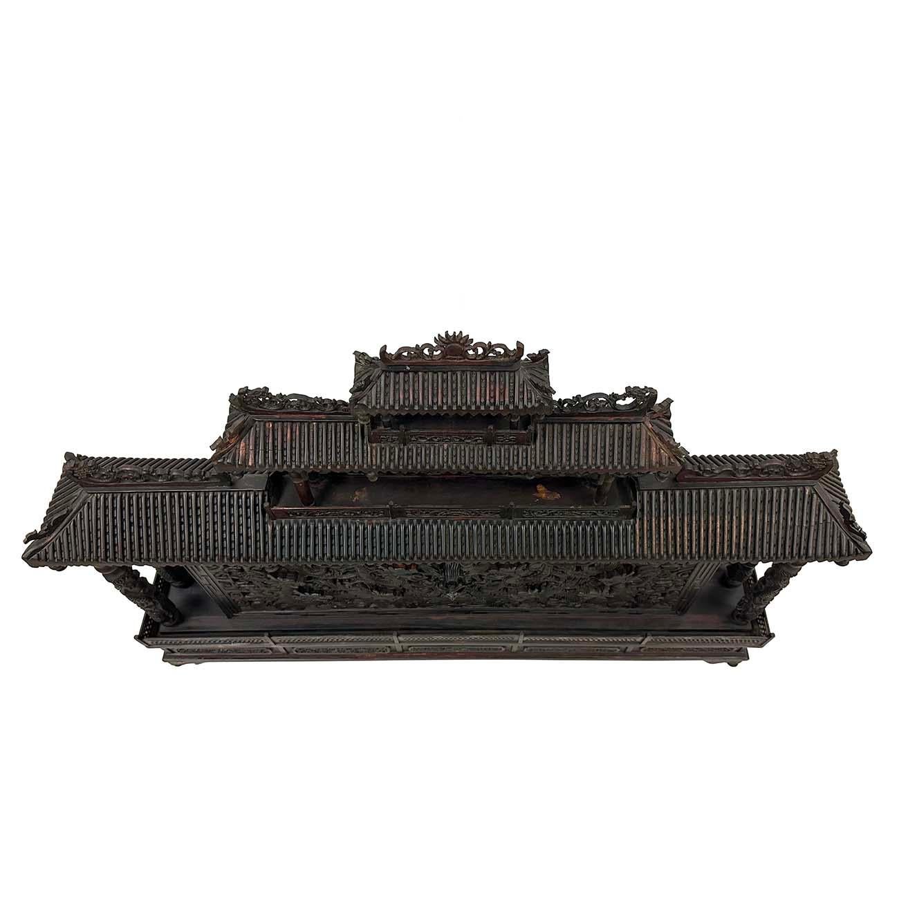 Mid 20th Century Chinese Wooden Carved Pagoda/Nine Dragons Wall For Sale 1