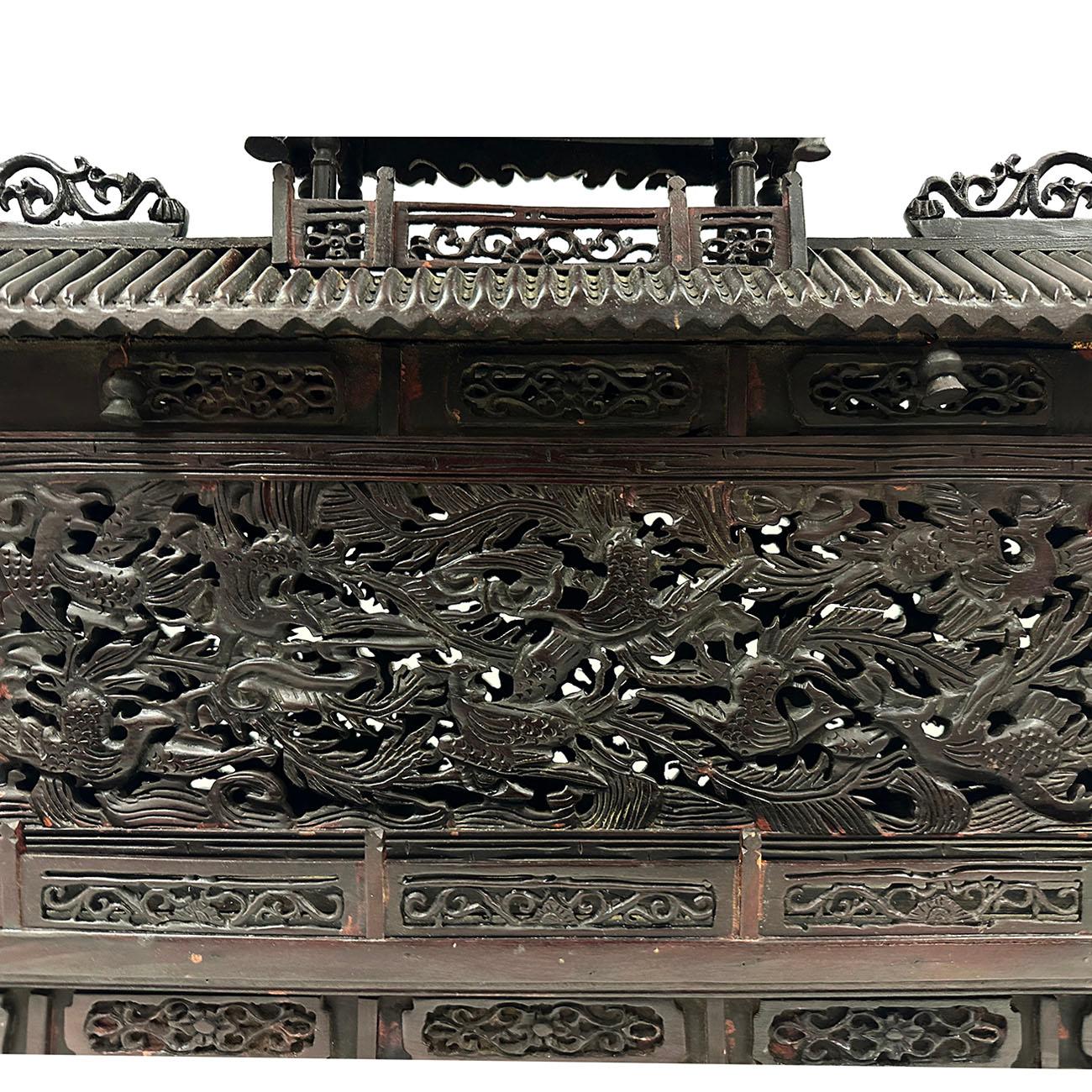Mid 20th Century Chinese Wooden Carved Pagoda/Nine Dragons Wall For Sale 3