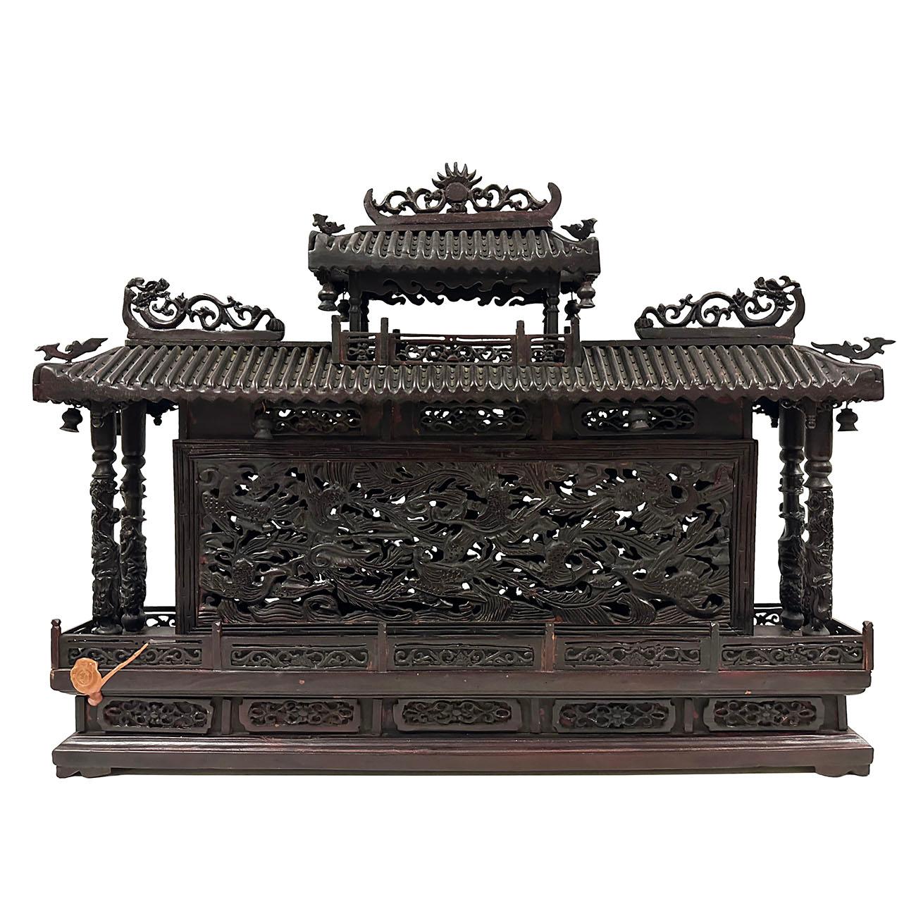Mid 20th Century Chinese Wooden Carved Pagoda/Nine Dragons Wall For Sale 4