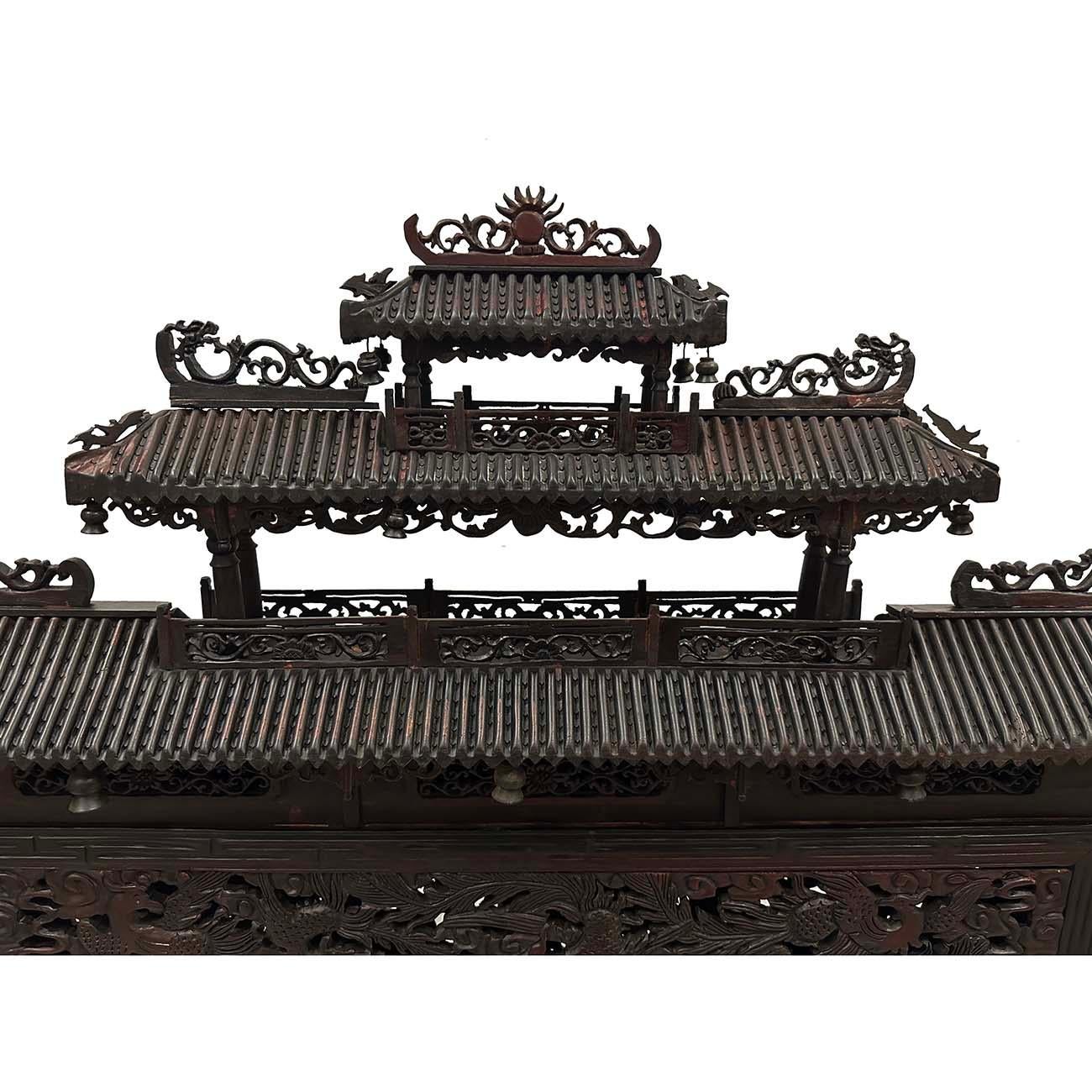 Mid 20th Century Chinese Wooden Carved Pagoda/Nine Dragons Wall For Sale 3
