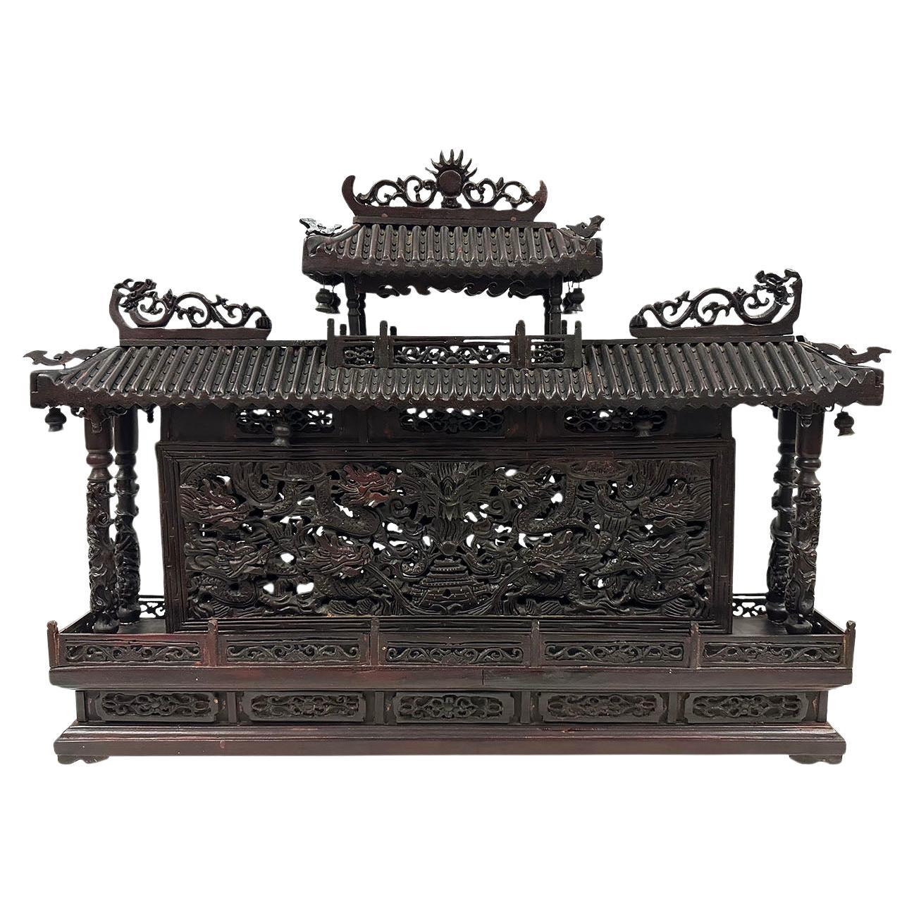 Mid 20th Century Chinese Wooden Carved Pagoda/Nine Dragons Wall For Sale