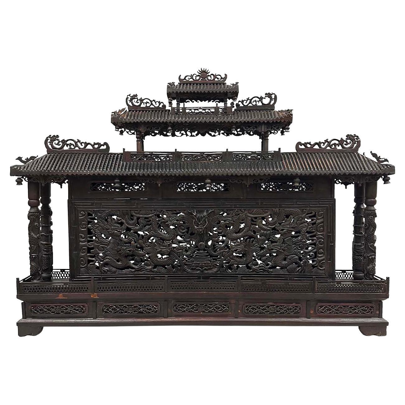 Mid 20th Century Chinese Wooden Carved Pagoda/Nine Dragons Wall