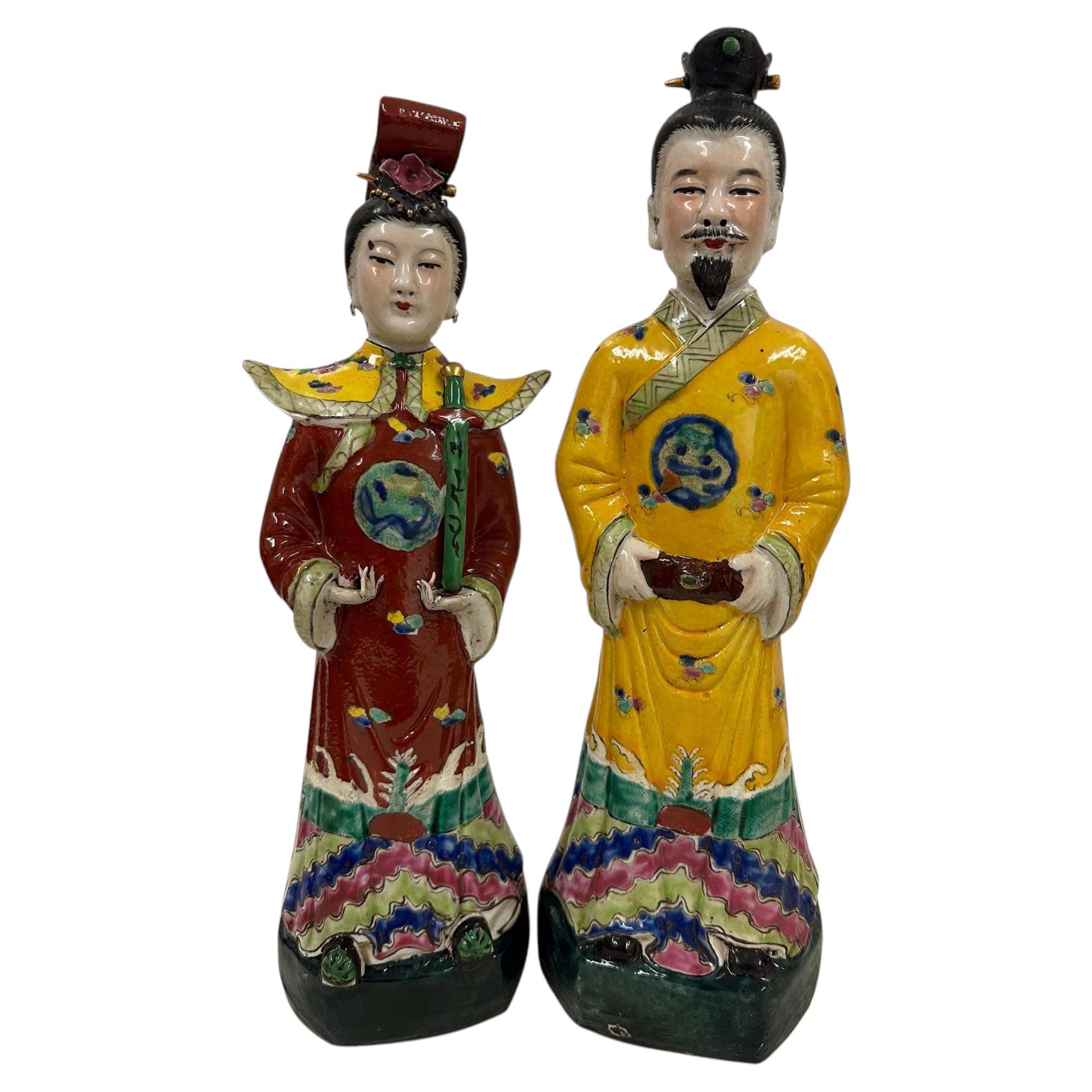 Mid-20th Century Chinese Wucai Emperor and Empress Figures
