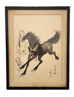 Mid-20th Century Chinese Xu Beihong-Style Framed Horse Ink Painting by Xiao Ling