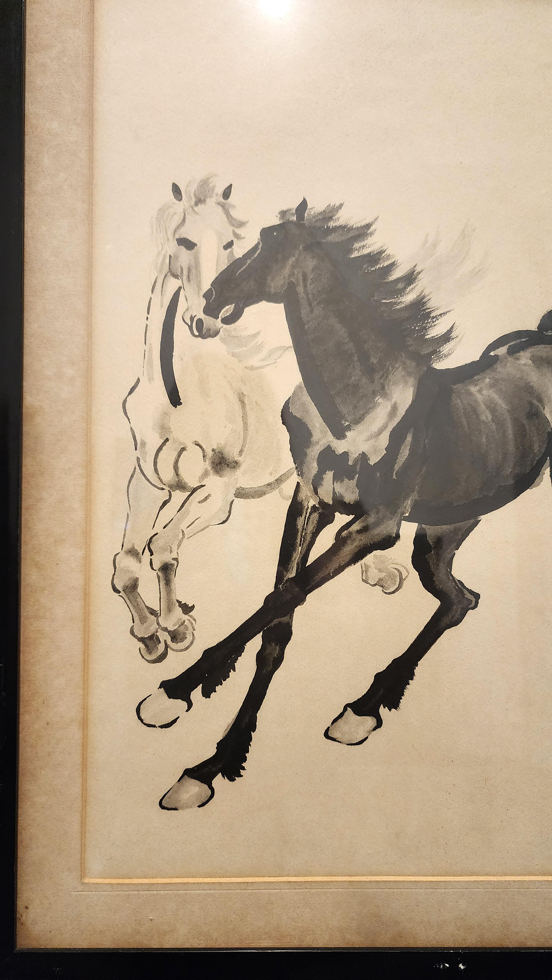 Mid-Century Modern Mid-20th Century Chinese Xu Beihong-Style Framed Horse Ink Painting by Xiao Ling For Sale