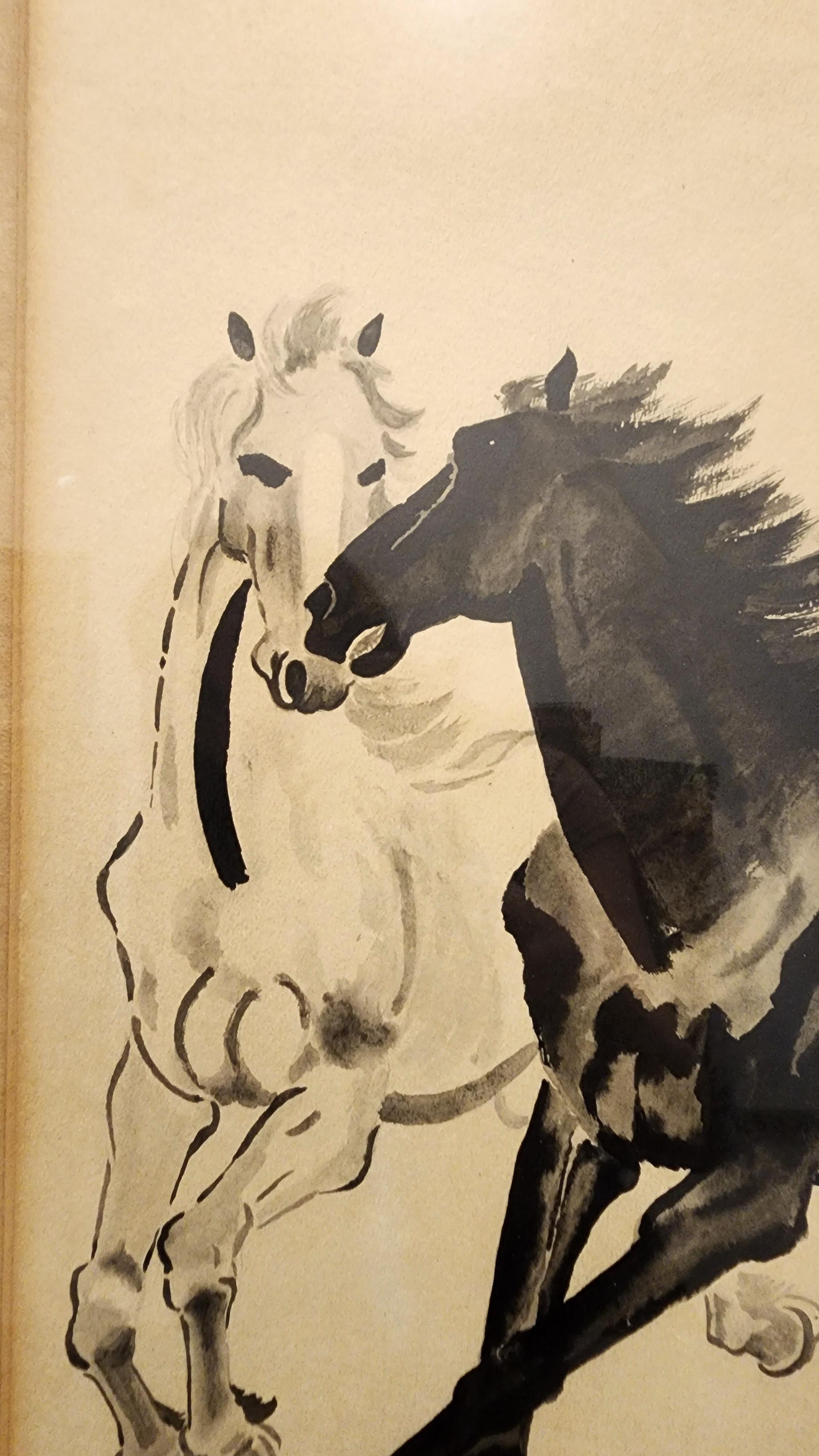 Carved Mid-20th Century Chinese Xu Beihong-Style Framed Horse Ink Painting by Xiao Ling For Sale