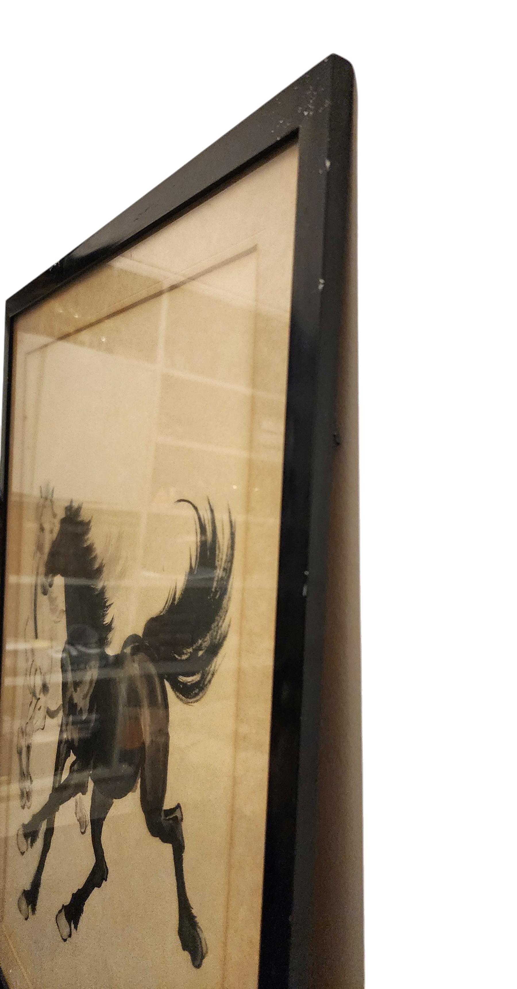 Glass Mid-20th Century Chinese Xu Beihong-Style Framed Horse Ink Painting by Xiao Ling For Sale