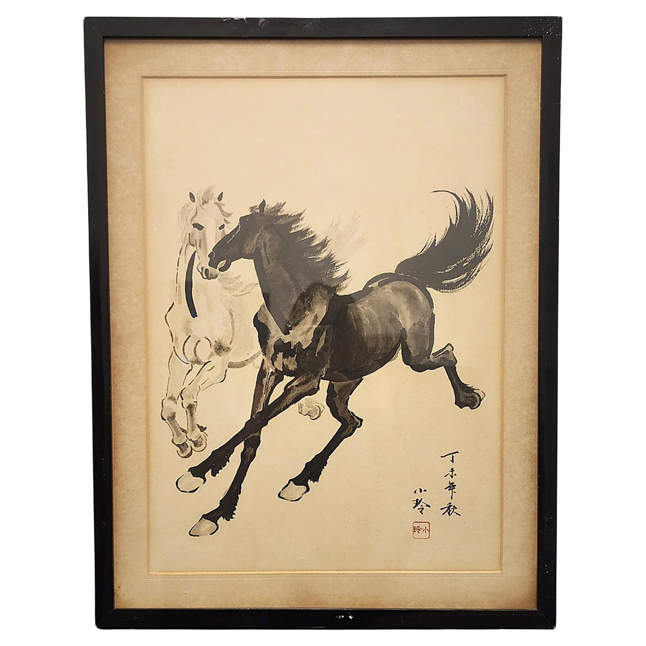 Mid-20th Century Chinese Xu Beihong-Style Framed Horse Ink Painting by Xiao Ling For Sale