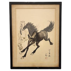Mid-20th Century Chinese Xu Beihong-Style Framed Horse Ink Painting by Xiao Ling