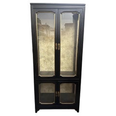 Used Mid 20th Century Chinoiserie Black Lacquer Lighted Curio China Display Cabinet