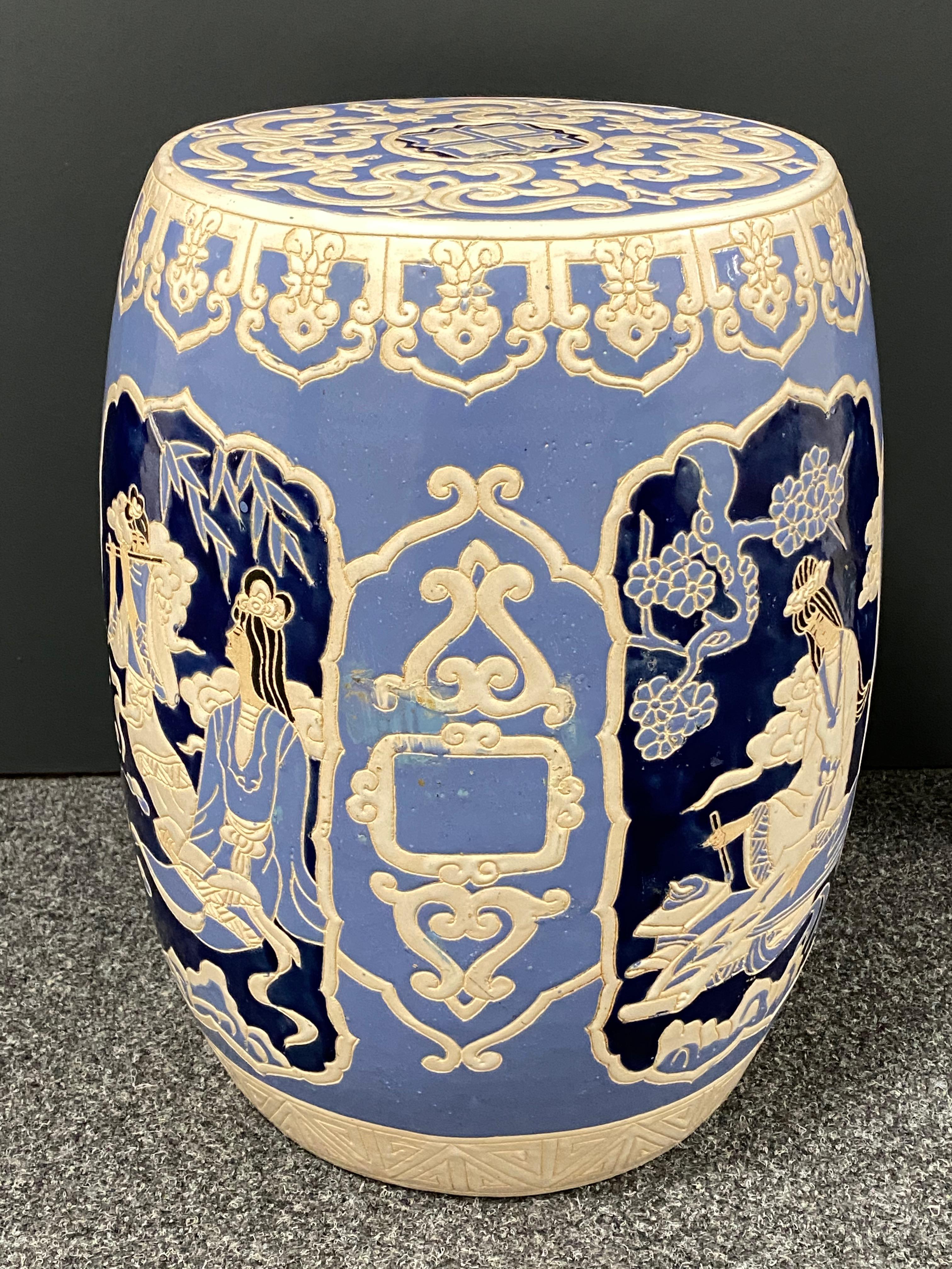 Mid-20th century chinoiserie blue and white hand painted ceramic garden stool or flower pot seat. The landscape surrounding an 18th century Hampshire estate inspired this traditional outdoor ceramic garden stool. An instant demarcation of taste, its